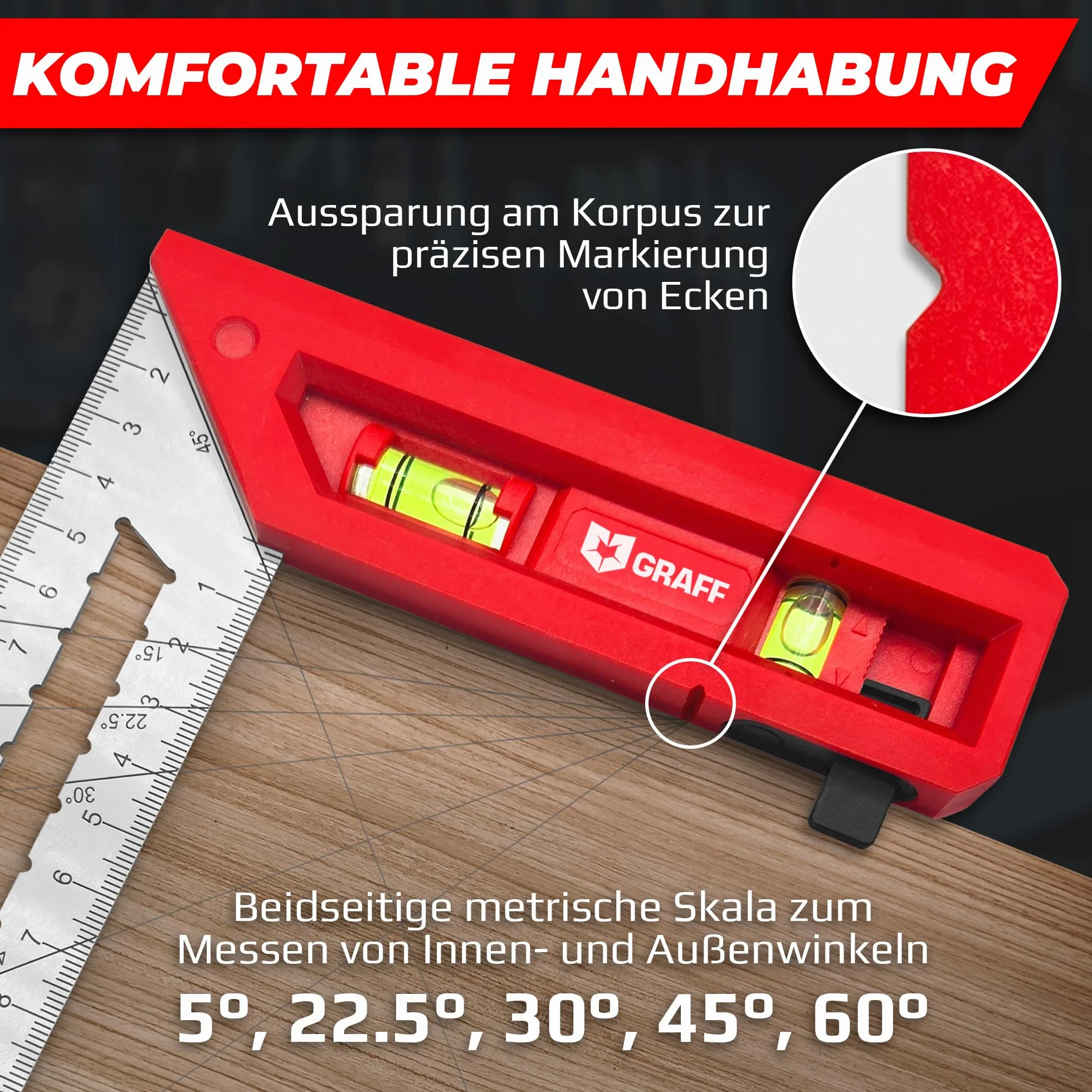 GRAFF Squadra da falegname 300 mm 90°/45° doppia livella a bolla acciaio inox