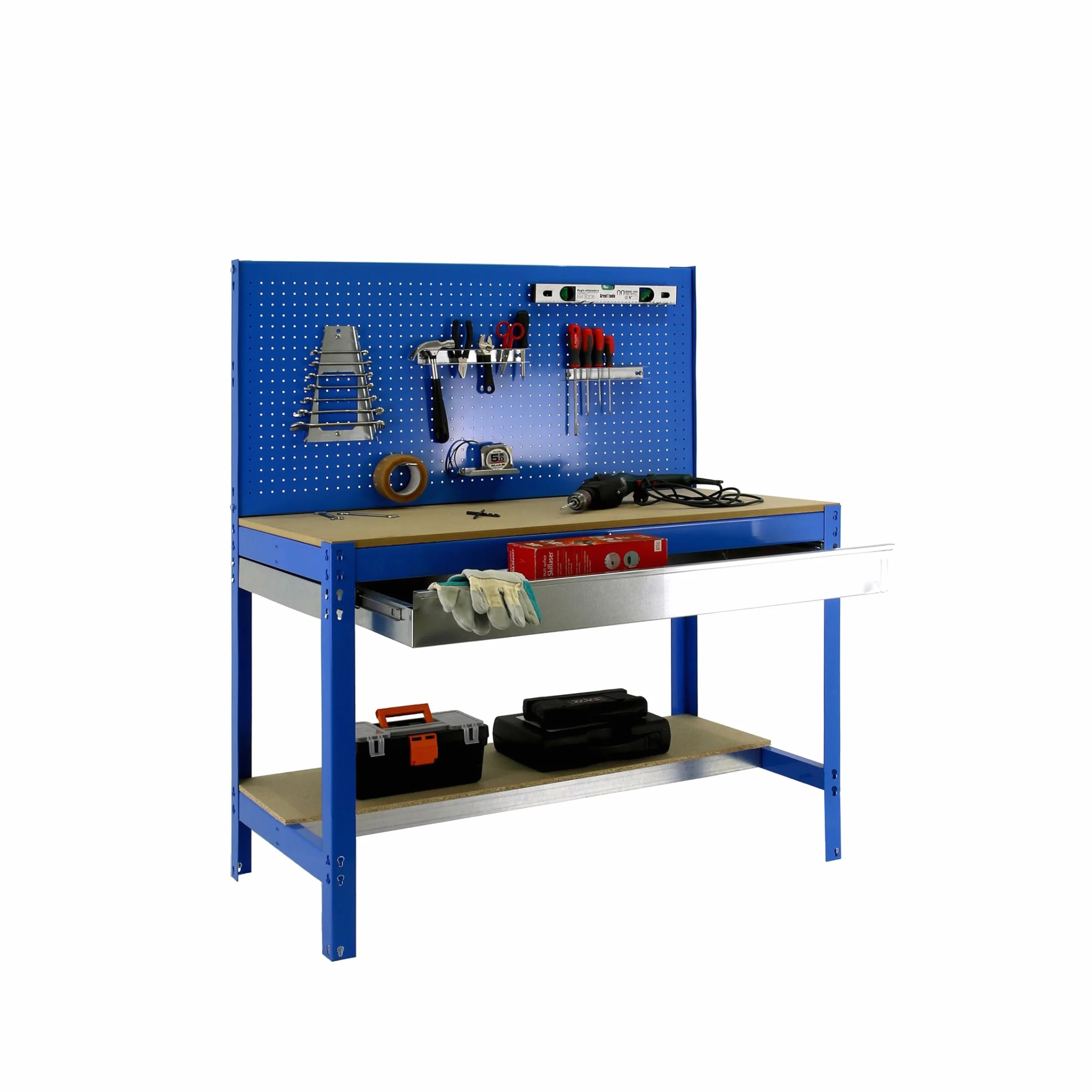 Simon Rack Banco da lavoro per officina, capacità di carico 600 kg, 1445x1210x610 mm, Pannello Forato, Tavolo da lavoro fai da te, Blu/Legno - BT2