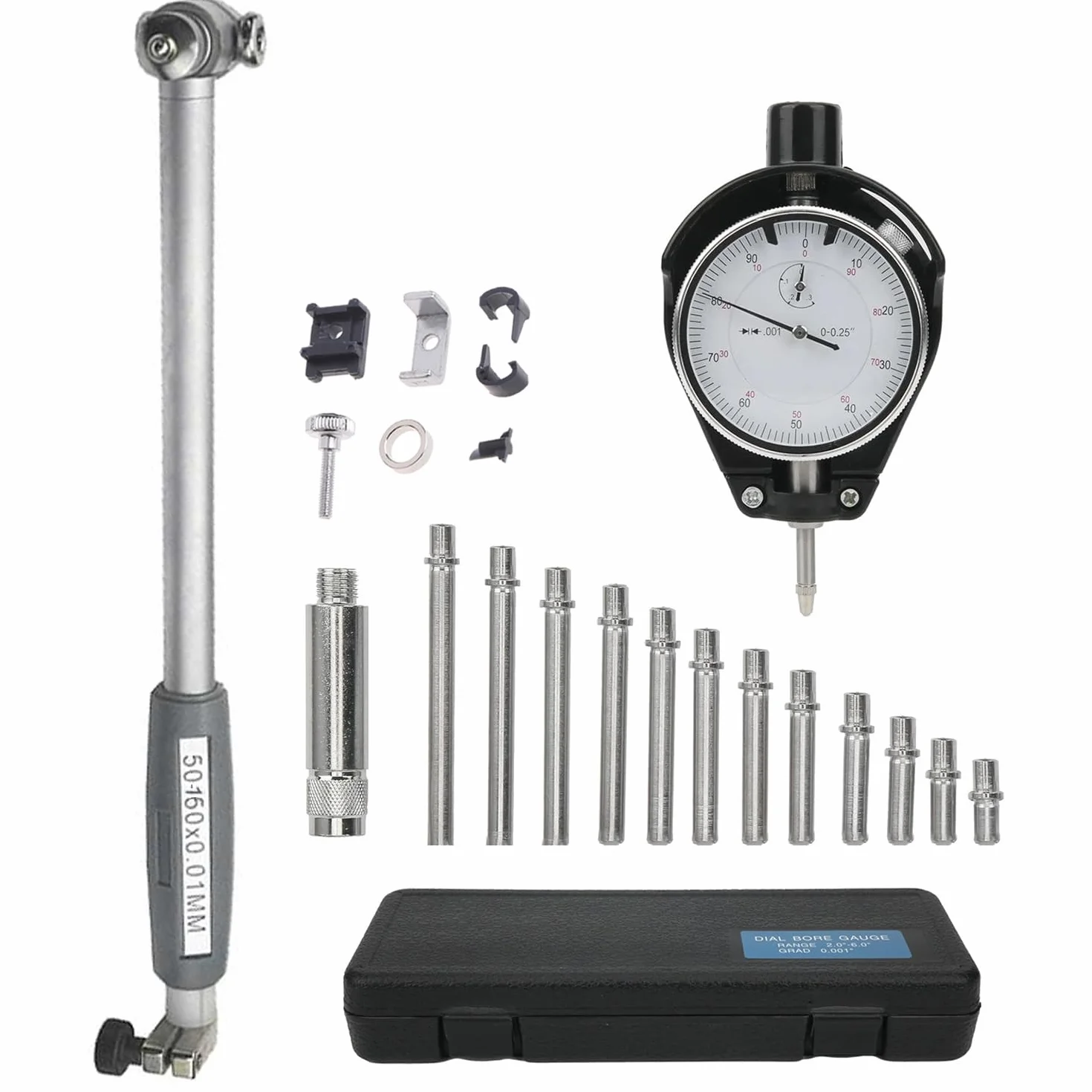 Strumento Di Misurazione Della Precisione Del Diametro Interno 50-160 Mm, Precisione 0,01 Mm, Profondità 150 Mm, Completo Di 12 Punte Intercambiabili e Custodia, Con Indicatore a Quadrante