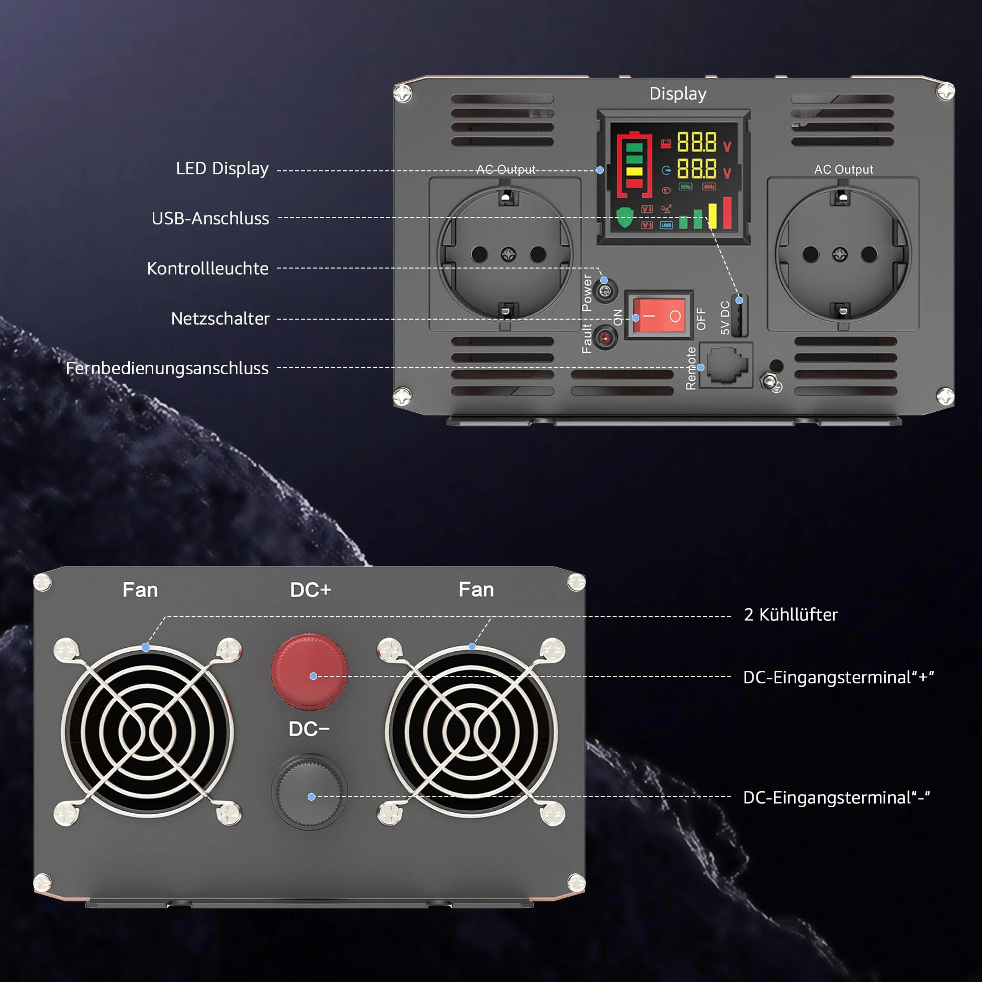 XWJNE Inverter onda sinusoidale pura 1000W/2000W 12V a AC 220/230V Onda Pura Convertitore con telecomando e Display LED Protezione Multipla Trasformatore di Potenza Convertitore