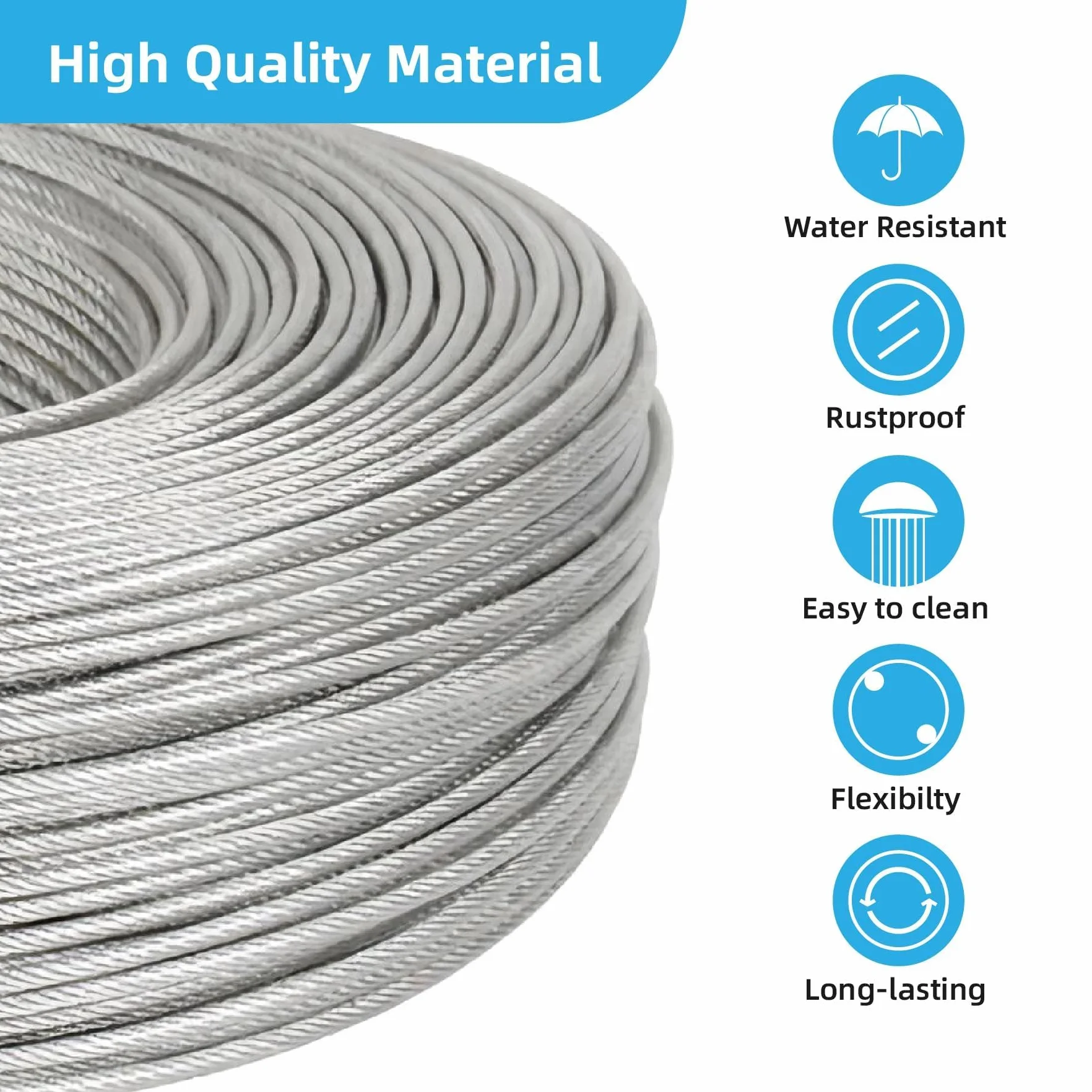 18m 3mm Cavo Acciaio Inox 304, Fune in Filo Acciaio Rivestito PVC, Nucleo 7 x 7, Corda Metallica in Acciaio