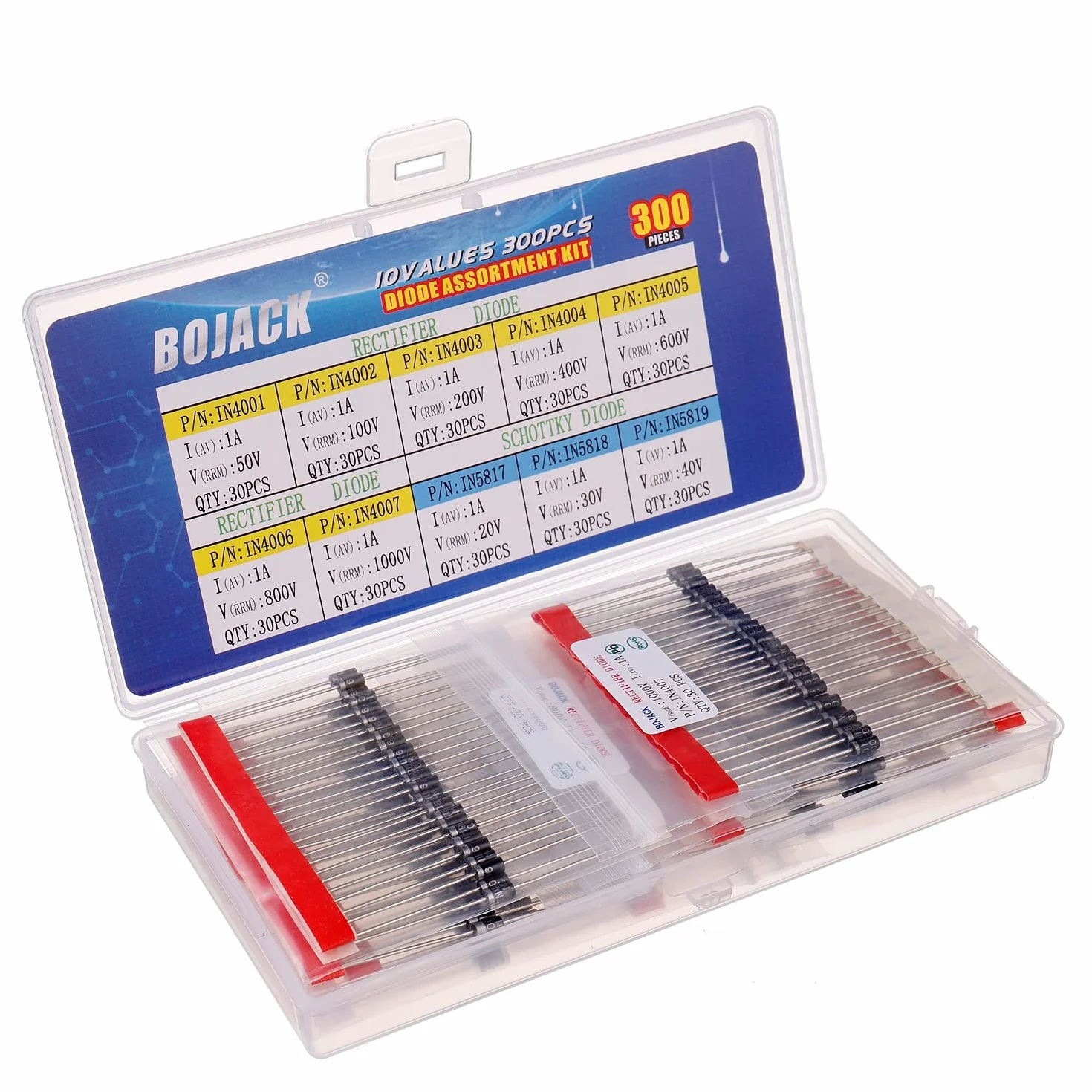 BOJACK 10 Valori 300 pezzi Diodi raddrizzatori 1N4001-1N4007 Diodi Schottky 1N5817-1N5819 Assortimento Kit