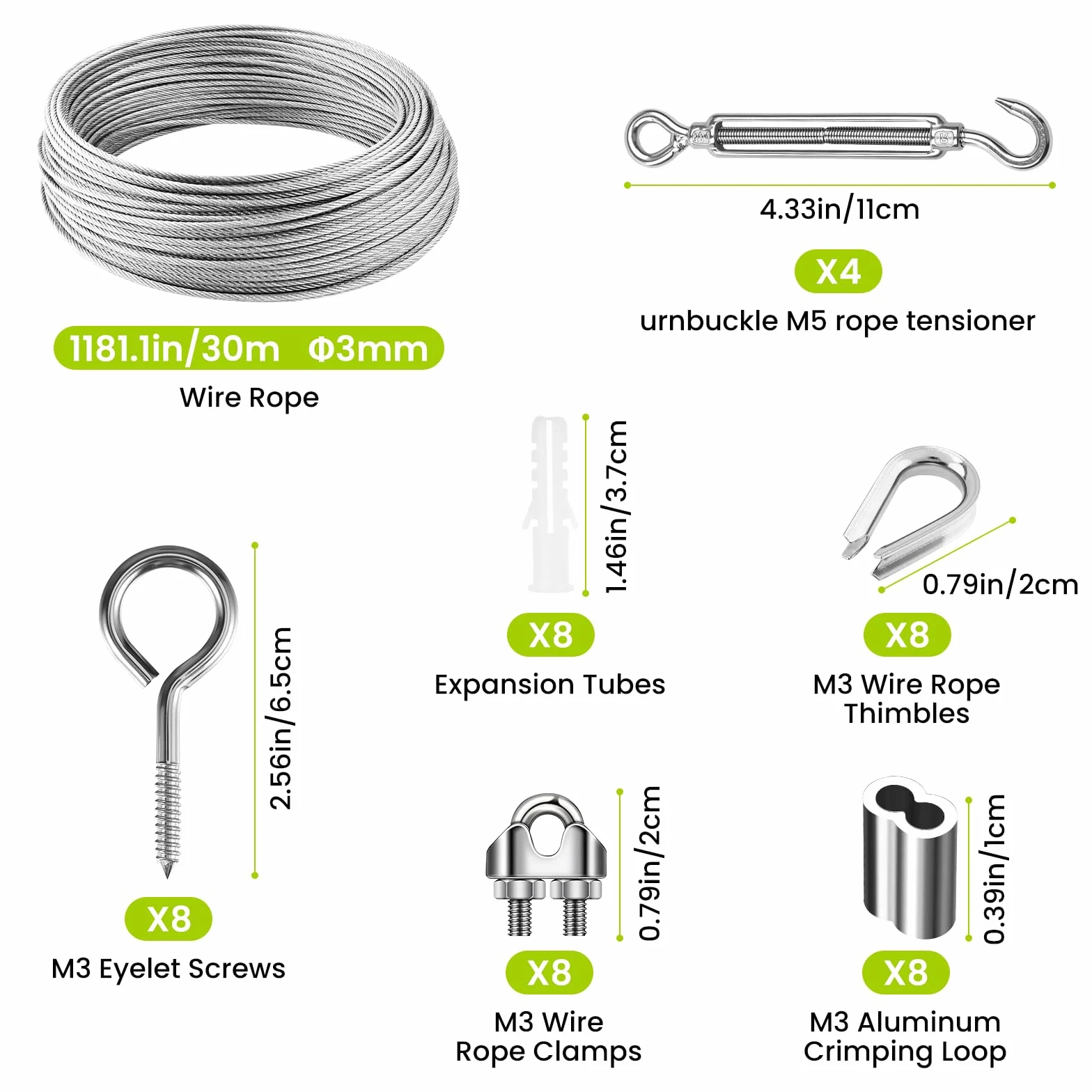Zorplex 30M Cavo in Acciaio Inox Kit, 3mm Fune Acciaio in PVC Rivestito con Tenditore M5, Fune Metallica Resistente per Piante Rampicanti, Stendibiancheria, Illuminazione Esterna e Progetti da Giardi