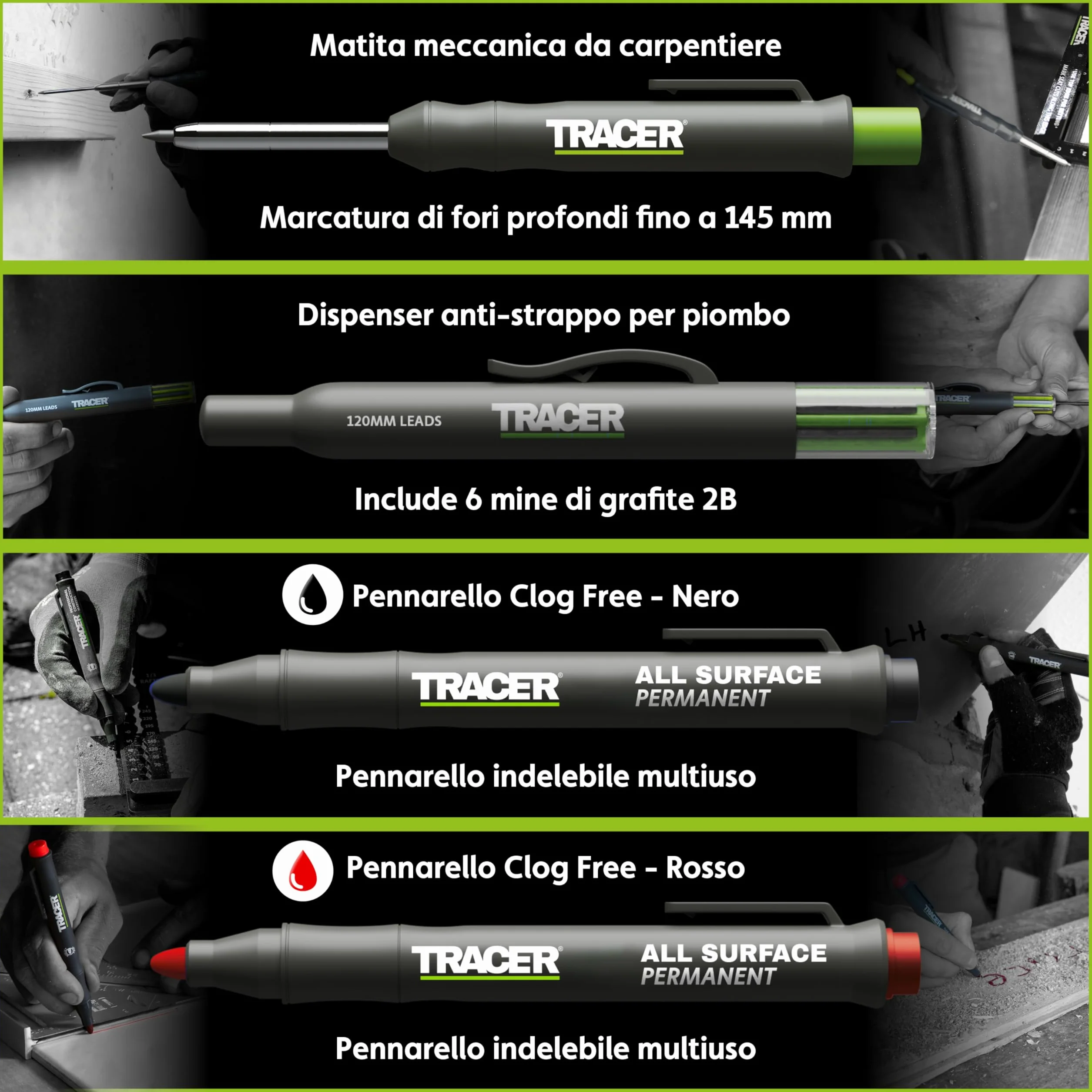 Tracer Kit di marcatura – Matita a foro profondo, set di mine ALH1 e 2 pennarelli senza intasamenti con fondine