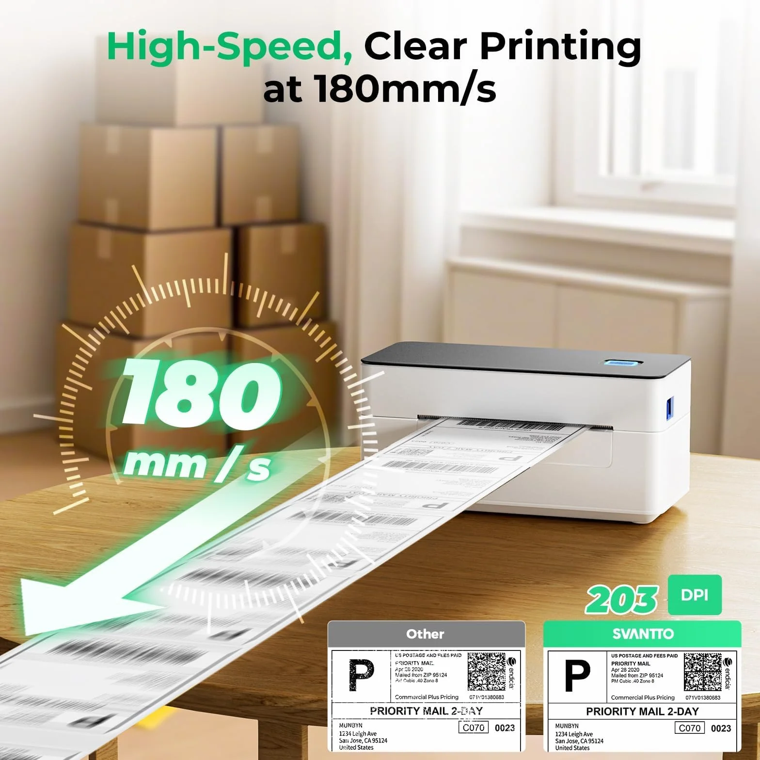 SVANTTO Stampante etichette spedizione ad alta velocità 4x6”, 180 mm/s, compatibile con i sistemi Windows/macOS/Android/iOS, stampa senza inchiostro, compatibile con UPS/Colissimo/Shopify/e-Bay/Vinted