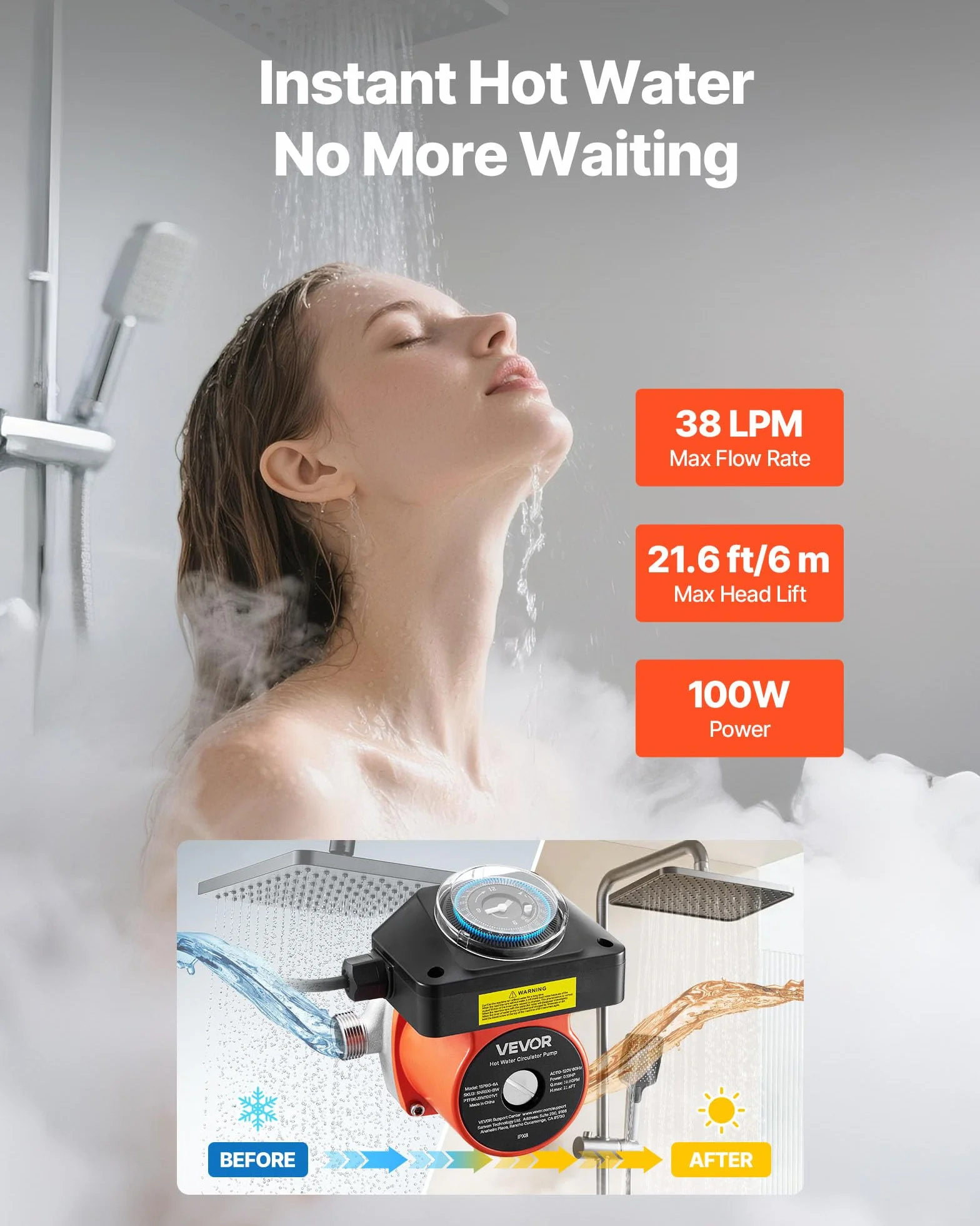 VEVOR Pompa di Ricircolo dell'Acqua Calda 38 L/min 100 W 220-240 V G3/4 G1/2