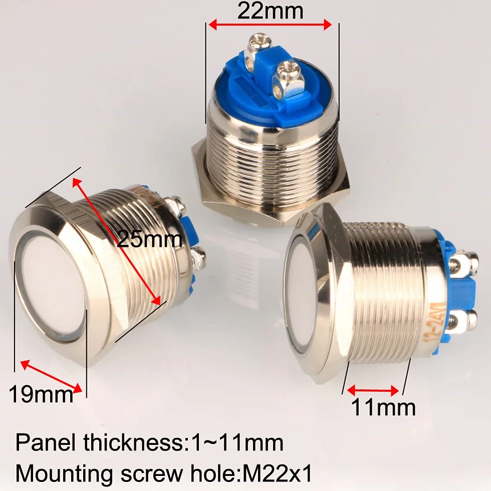 Guuzi 5pcs 12V-24V 22mm LED Indicatore Luminoso in Metallo Lampada di Segnalazione Impermeabile con Cavo(Bianco)