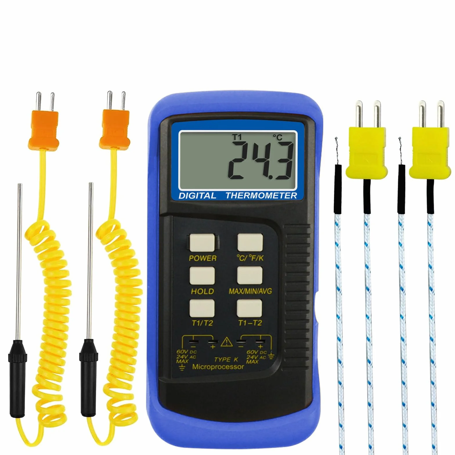 Alta Precisione Digitale Tipo K Termocoppia Termometro (-50~1300°C) con Doppio Canale 4 Sonde (Cablata & Acciaio Inossidabile) Palmare Alta Temperatura Scala Kelvin Metro Tester