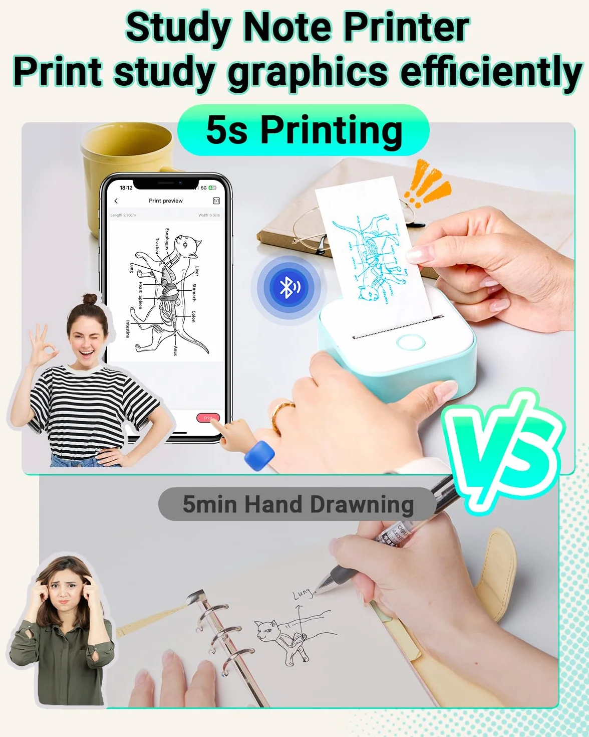 Memoking Mini Stampante Termica - T02 Stampante Termica Portatile Bluetooth Print Pods Portable Mini Printer per Grafici di Studio, l'apprendimento, Appunti di Studio, Diagrammi Anatomici, Foto,Regalo