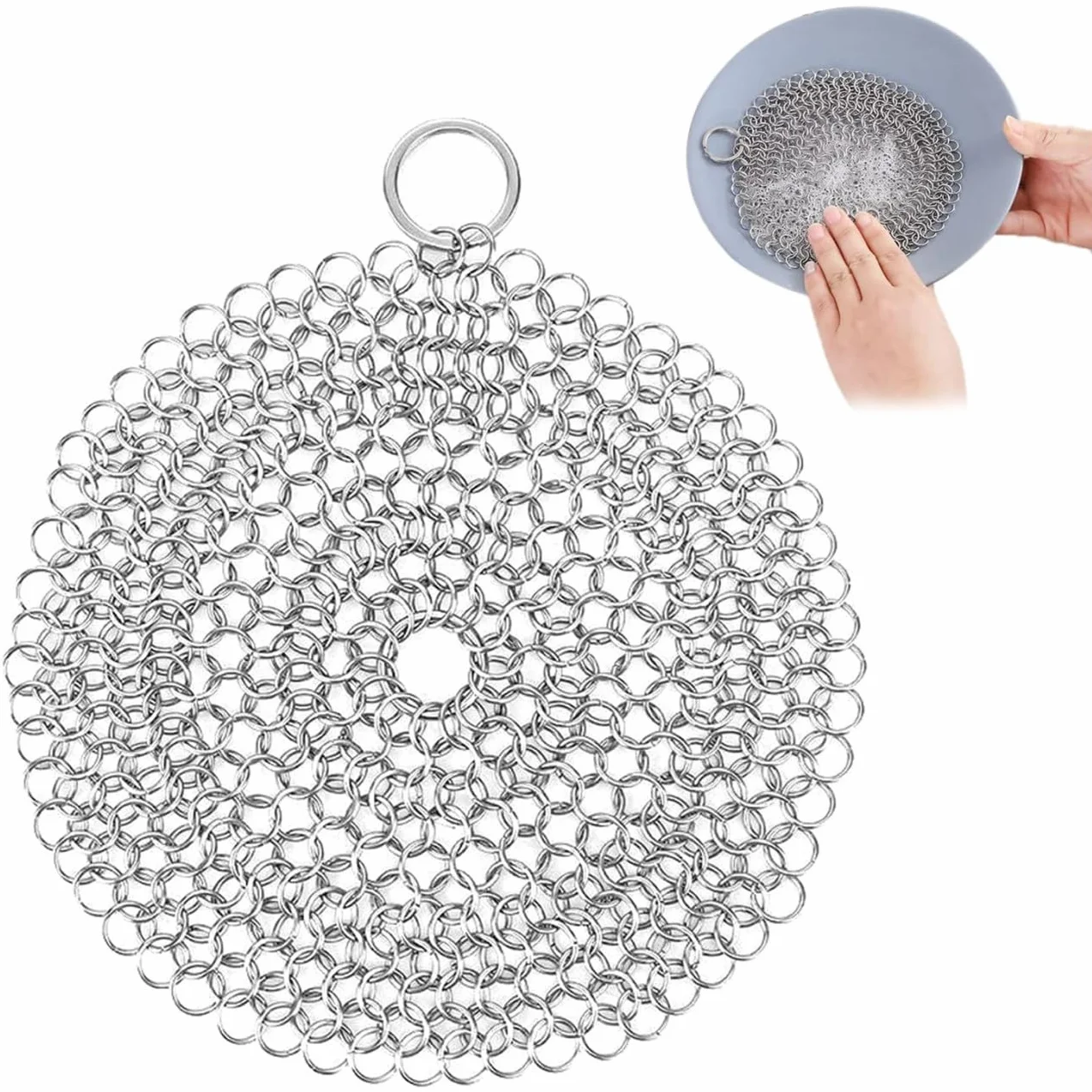 Scrubber per Cotta di Maglia in Acciaio Inossidabile, 2 pz Cast Iron Cleaner Scrubber in Acciaio Pulitore in Ghisa Ghisa Attrezzi per la Pulizia con Anello per Pentole in Ghisa