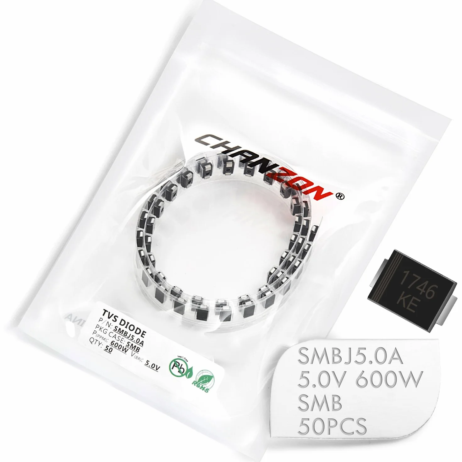 Chanzon Diodi SMD TVS SMBJ5.0A 600W 5V SMB (DO-214AA) Unidirezionale 50 pezzi