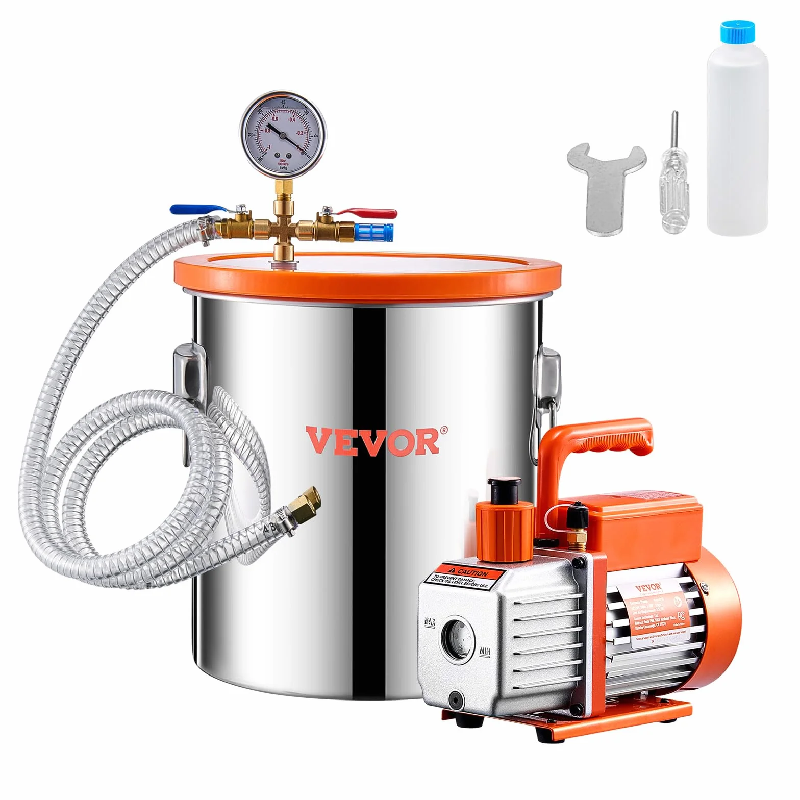 VEVOR Kit Camera a Vuoto 18,9 L e Pompa 1,65 L/s, in Acciaio Inox, Camera di Degasaggio Pompa a Vuoto Monostadio, con Coperchio, Olio, Tubo Flessibile, per Degasaggio Resina Epossidica Siliconica