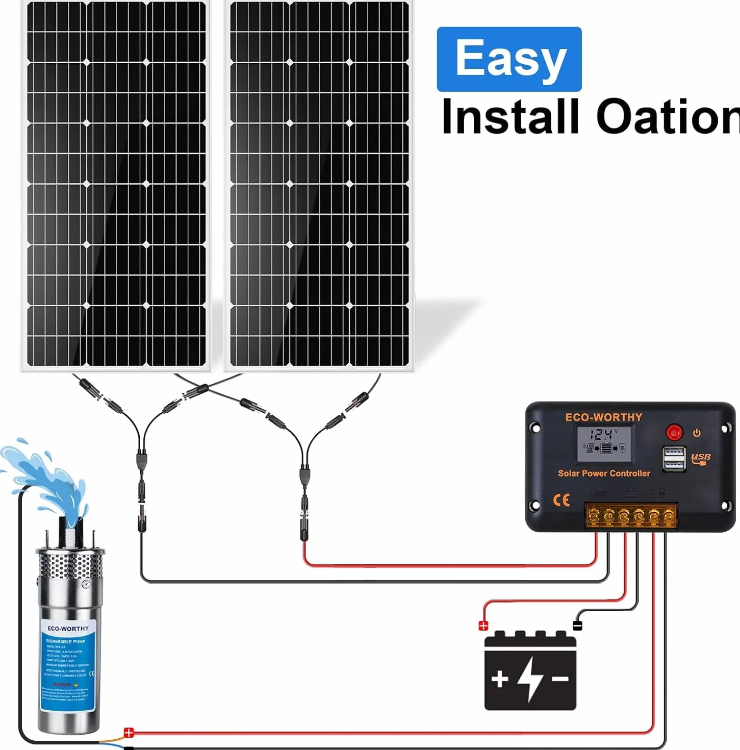 DCHOUSE Set di pompe dell'acqua a energia solare, 12V DC, pompa sommergibile con 2 pannelli solari mono da 120 W, batteria da 30Ah e controller da 20A, per fontane, stagno, casa, fattoria, acciaio