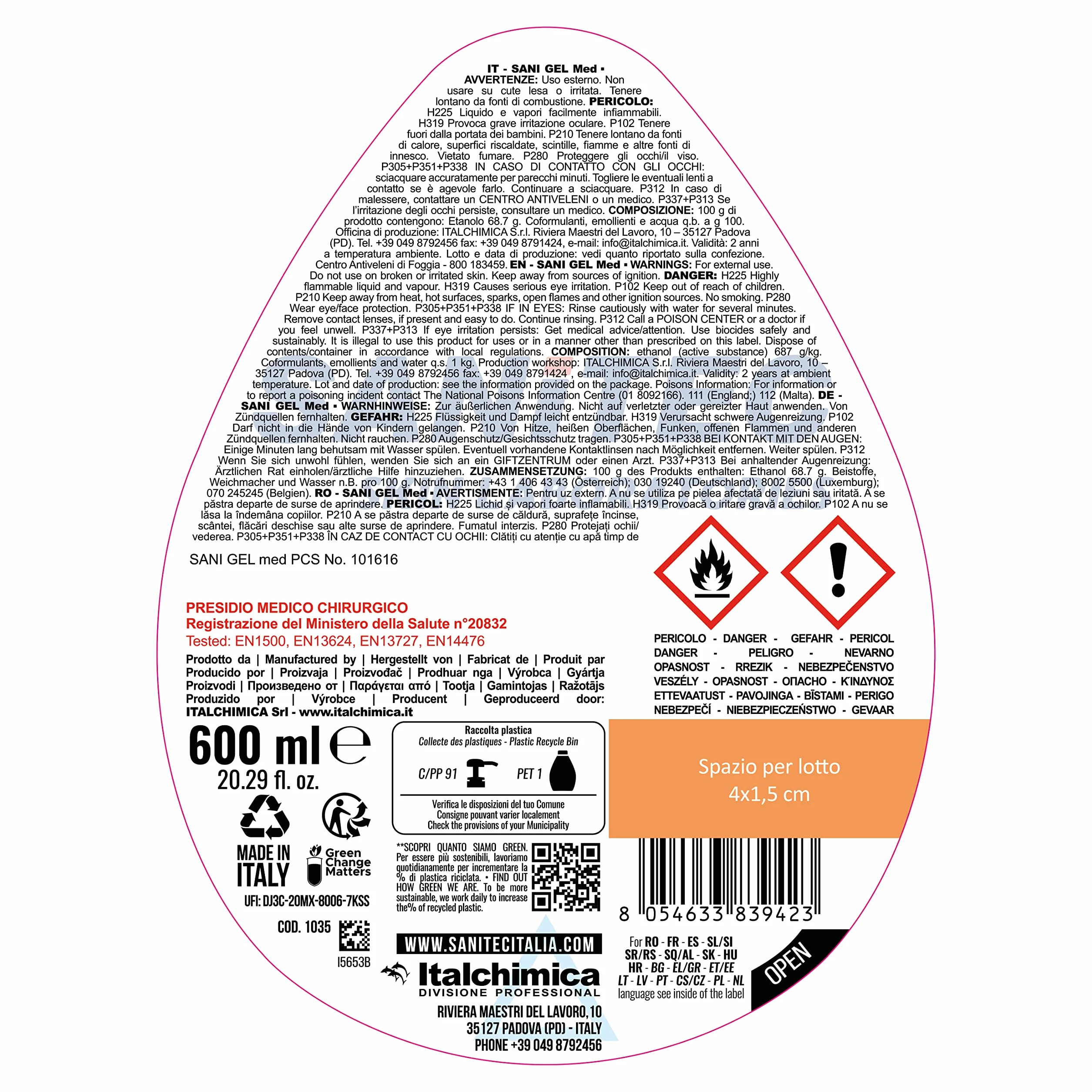 Sanitec Sani Gel Med Disinfettante Mani a Base di Alcol senza Risciacquo 6x600 ml
