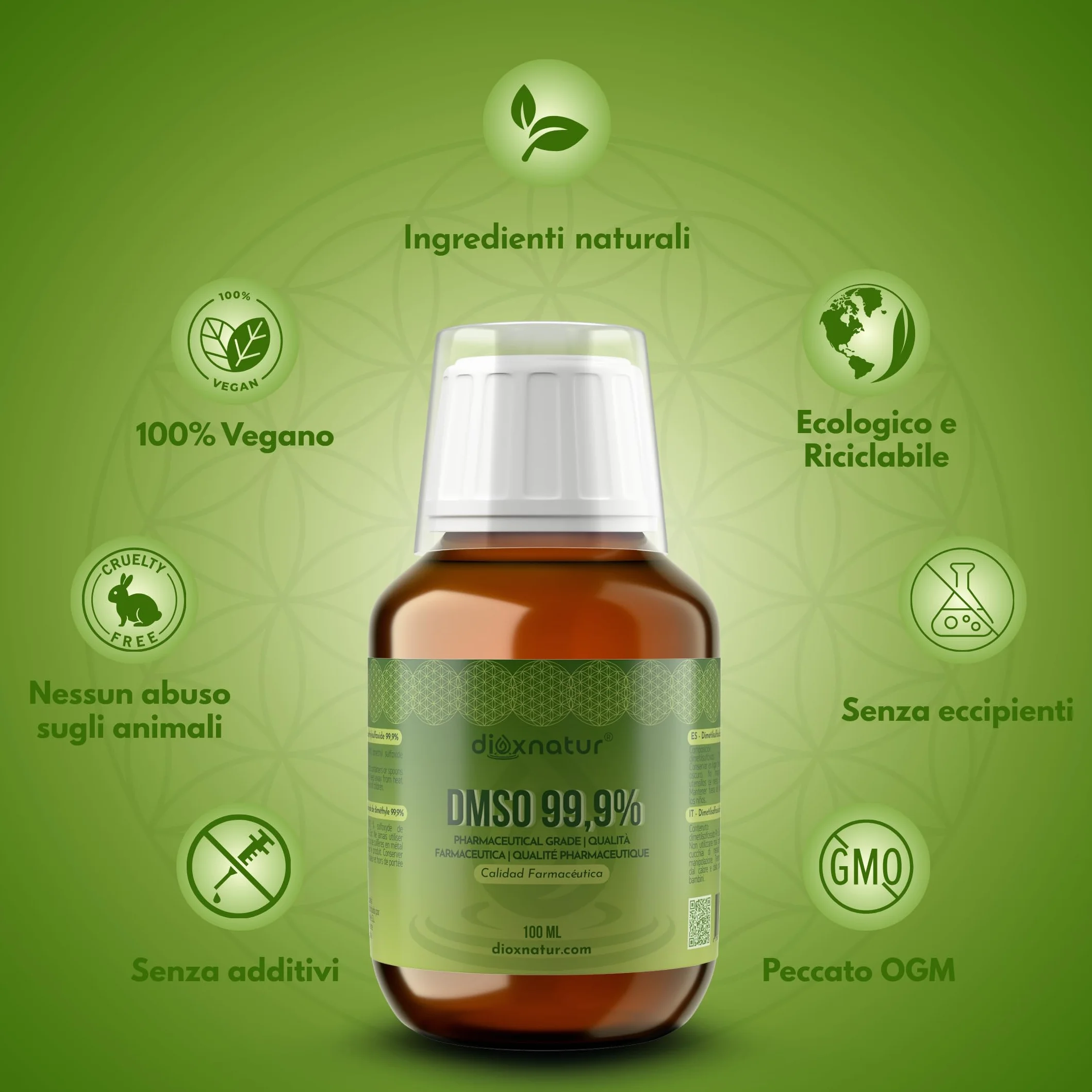 DMSO 99.9% 100ml Dimetilsolfossido grado farmaceutico flacone vetro ambrato misurino