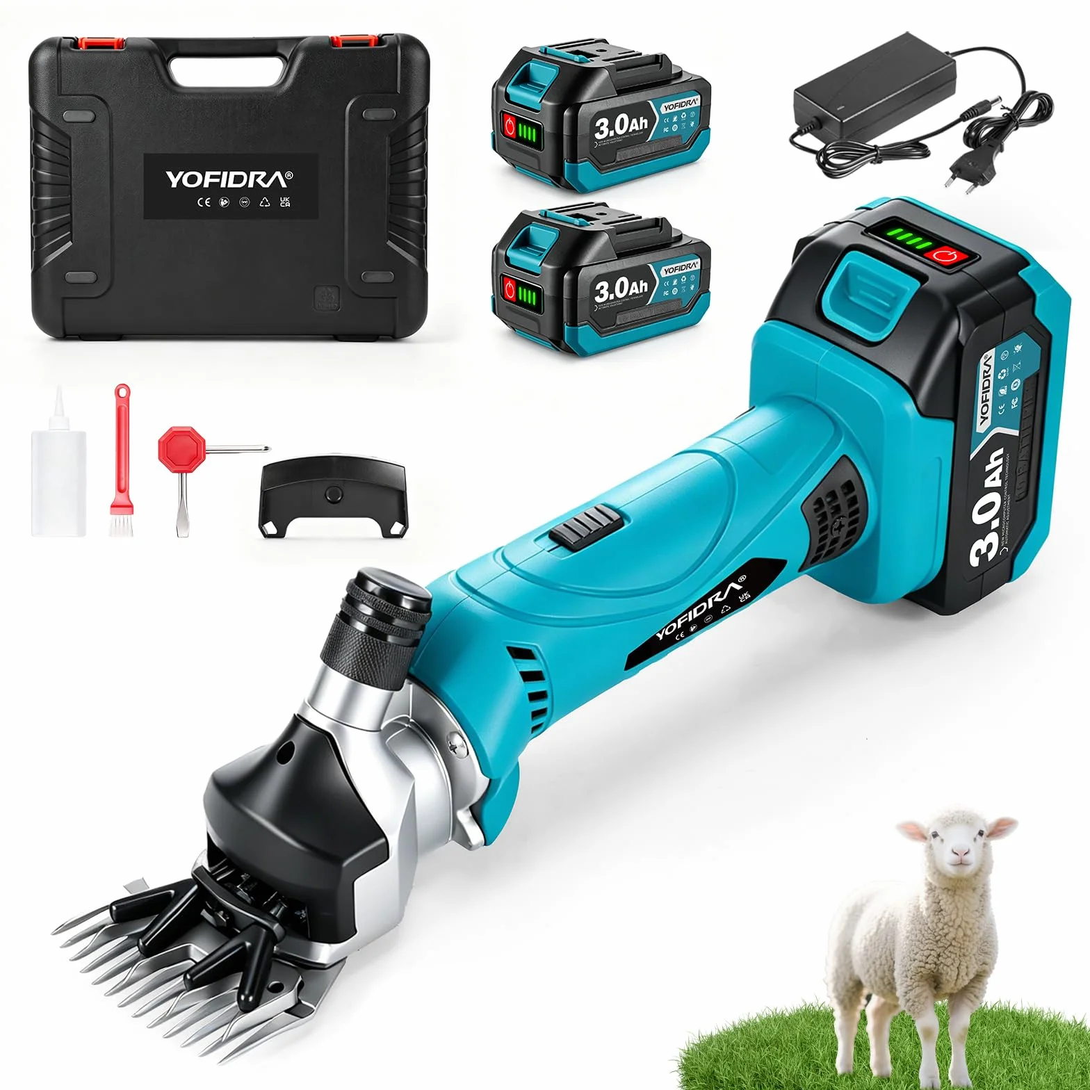 Yofidra Tosatrice elettrica per pecore 550W, Tosatrice a batteria con 6 velocità, Lama a 13 denti, 2 batterie da 3000 mAh, Tosatrice professionale per lana per pecore, capre e alpaca