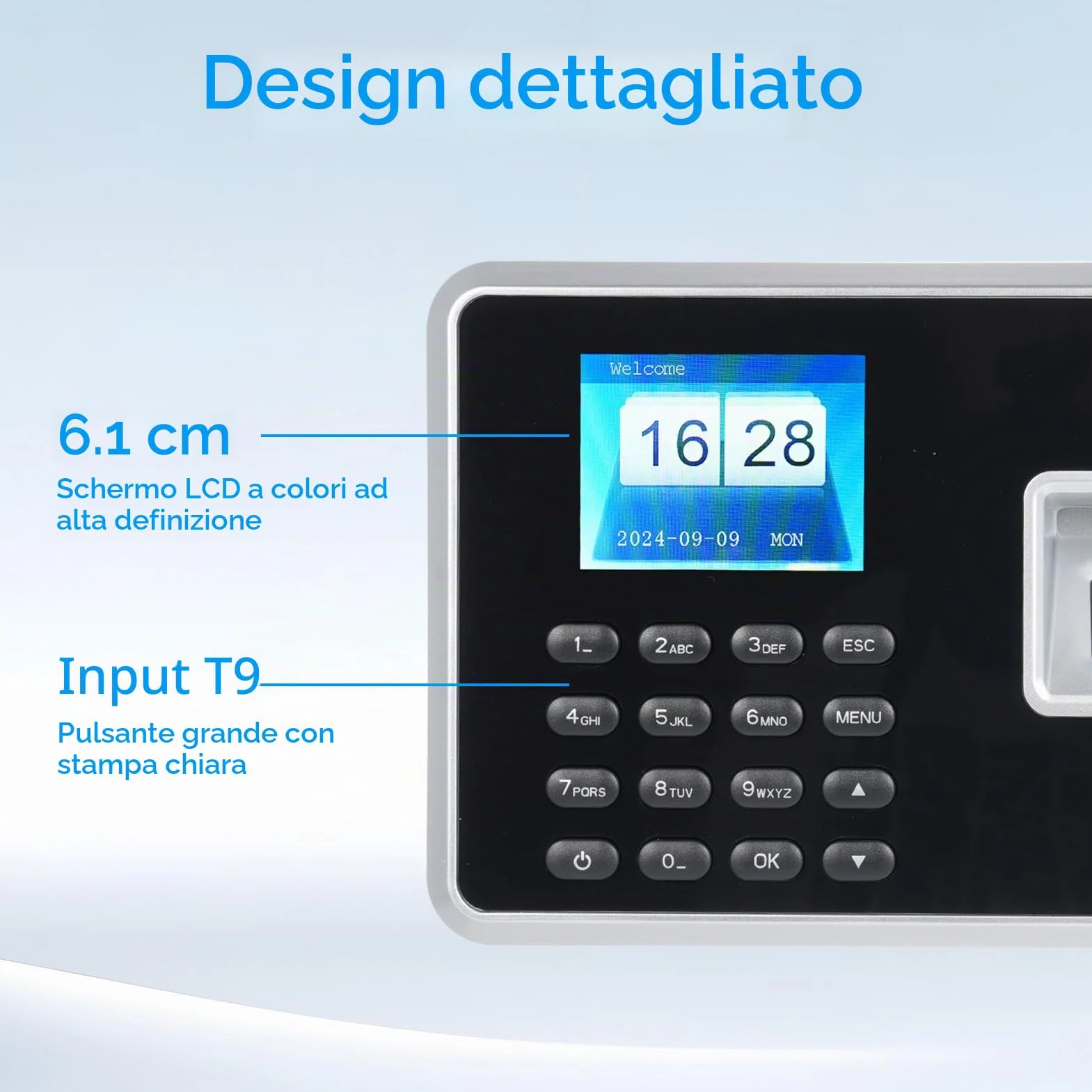 Bisofice A2 Rilevatore Presenze Dipendenti, Timbratrice Presenze con Scansione impronte digitali, RFID, Password, Timbracartellini Prompt Vocale, Display da 2,4", Argento