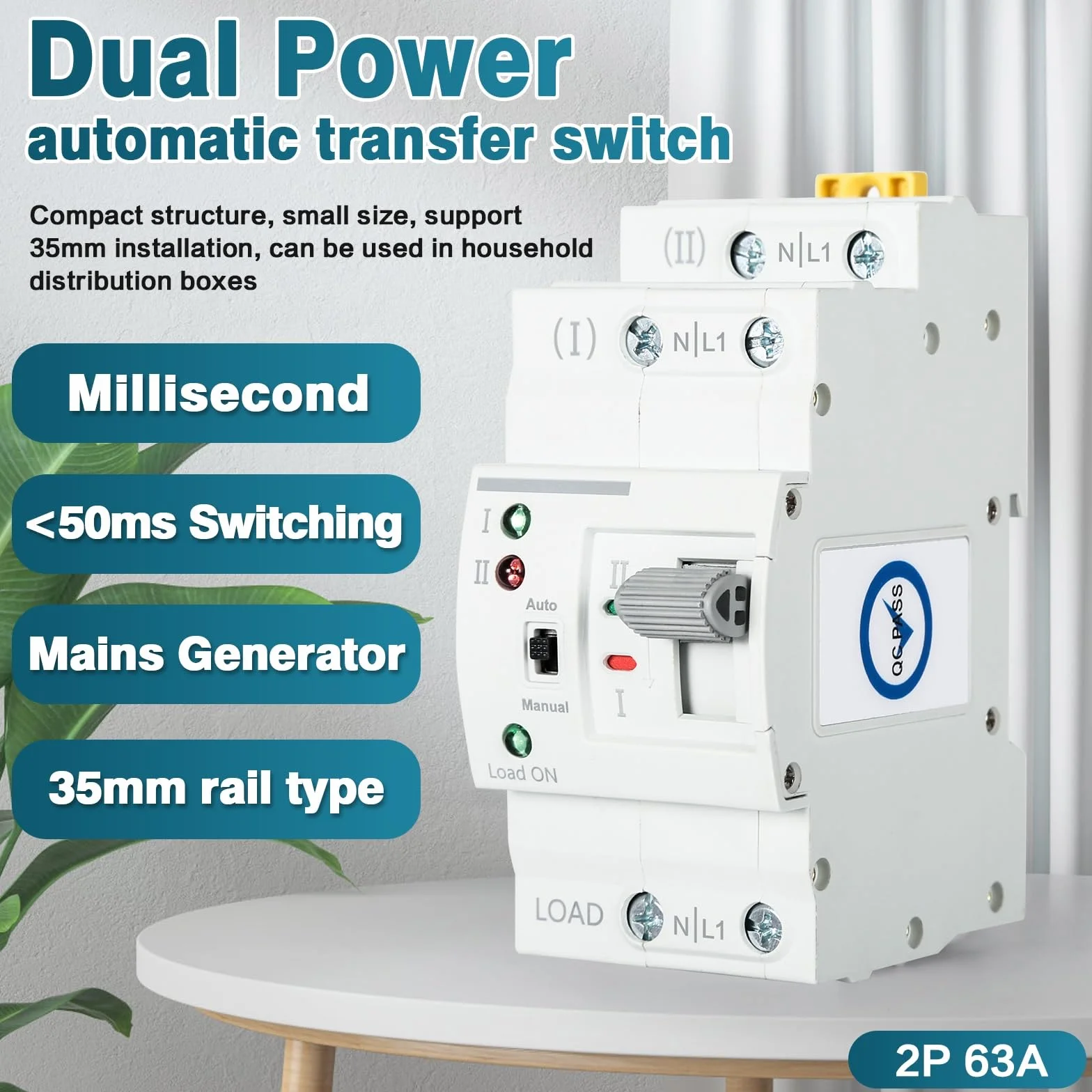 DEWIN Interruttore di Trasferimento Automatico G2R 63A - Guida DIN ATS Interruttore di Trasferimento Automatico a Doppia Alimentazione, Selettori Elettrici 220V (Size: 2P)