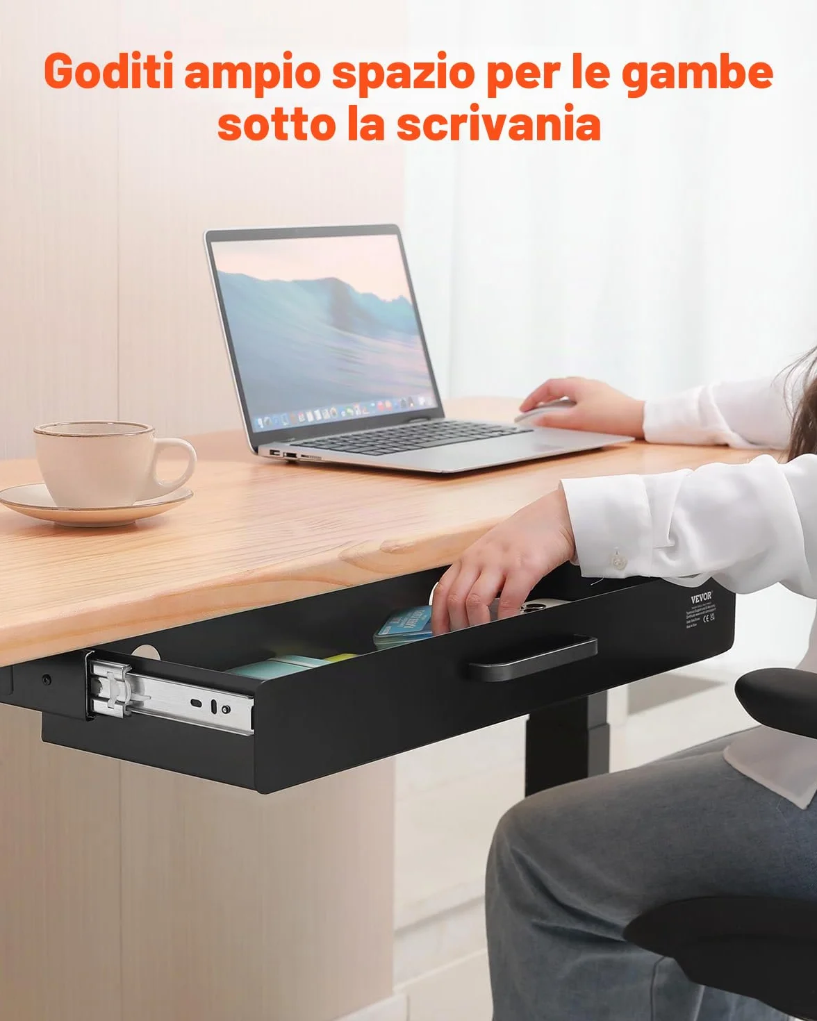 VEVOR Cassetto Estraibile Sotto Scrivania 635 x 232 x 75 mm Organizzatore Nascosto per Riporre Oggetti sulla Scrivania, Cassetto Portapenne Sotto Tavolo, per Postazioni di Lavoro da Ufficio, Nero