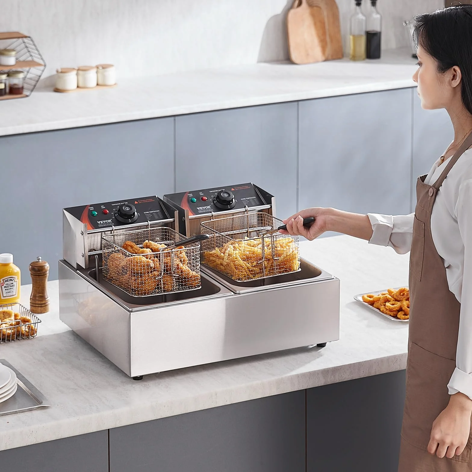 VEVOR Friggitrice Elettrica Commerciale Doppia Vasca 12L 5000W Acciaio Inox