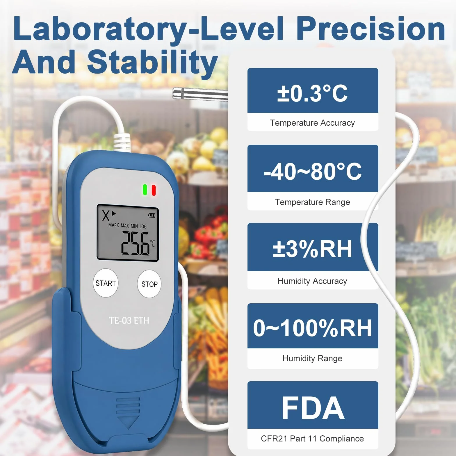 ThermElc TE‑03 ETH Registratore Di Temperatura e Umidità Con Sonda Esterna, 32.000 Punti, PDF CSV
