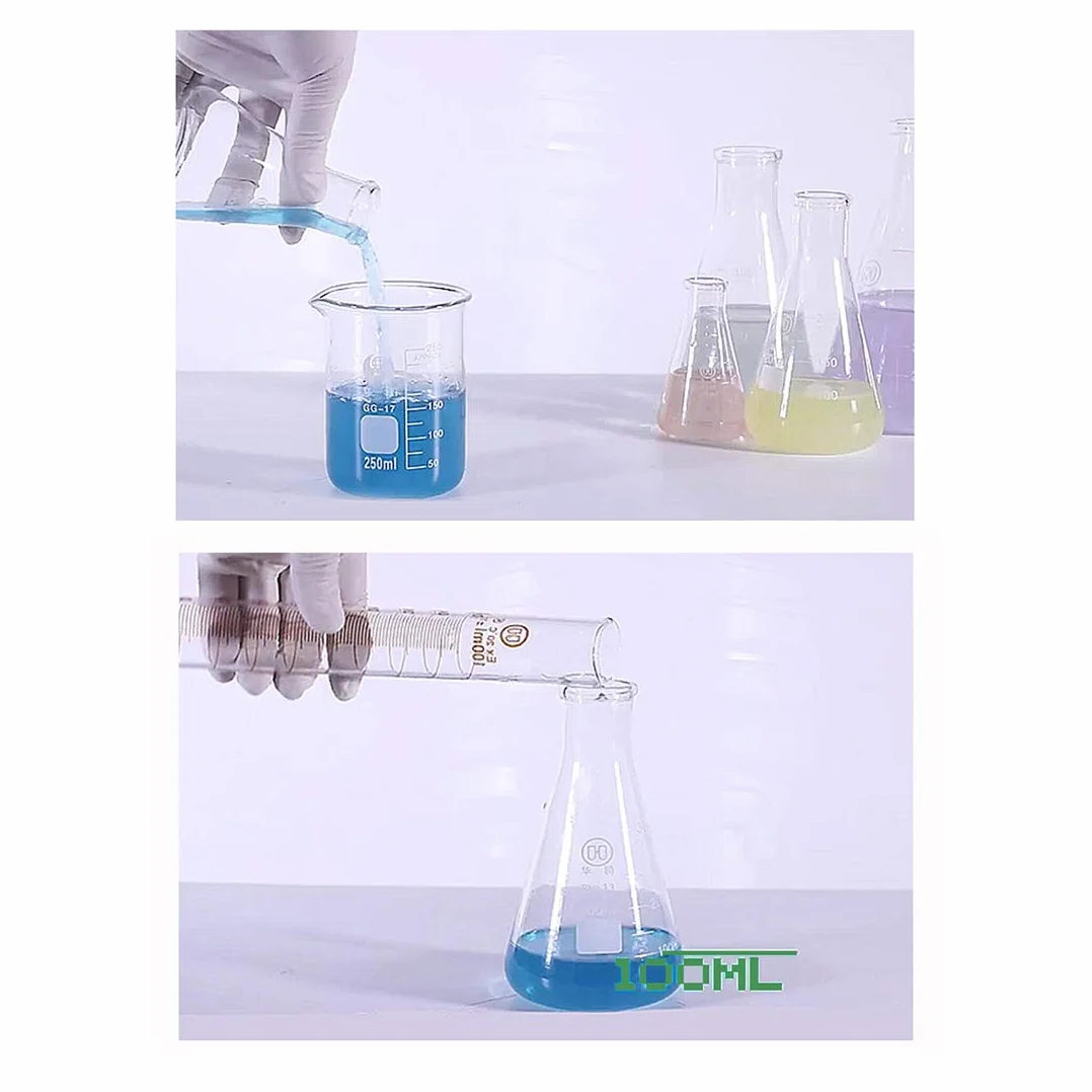 JESSTOLO 50ml Erlenmeyer Becher Cilindro Graduato Vetro Borosilicato con Contagocce Spazzolini Barra Agitazione