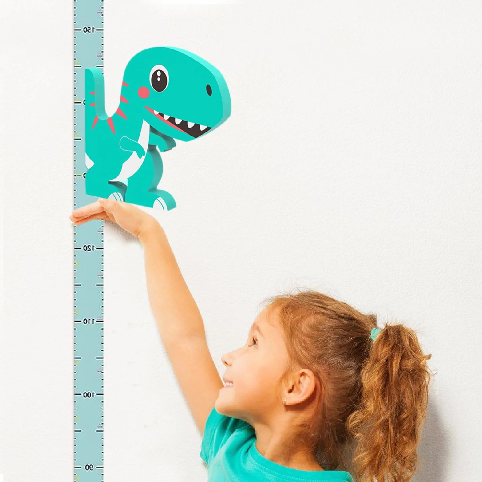 Tabella di misurazione altezza bambino: altimetro dinosauro 3D con penna lavagna bianca e metro a nastro