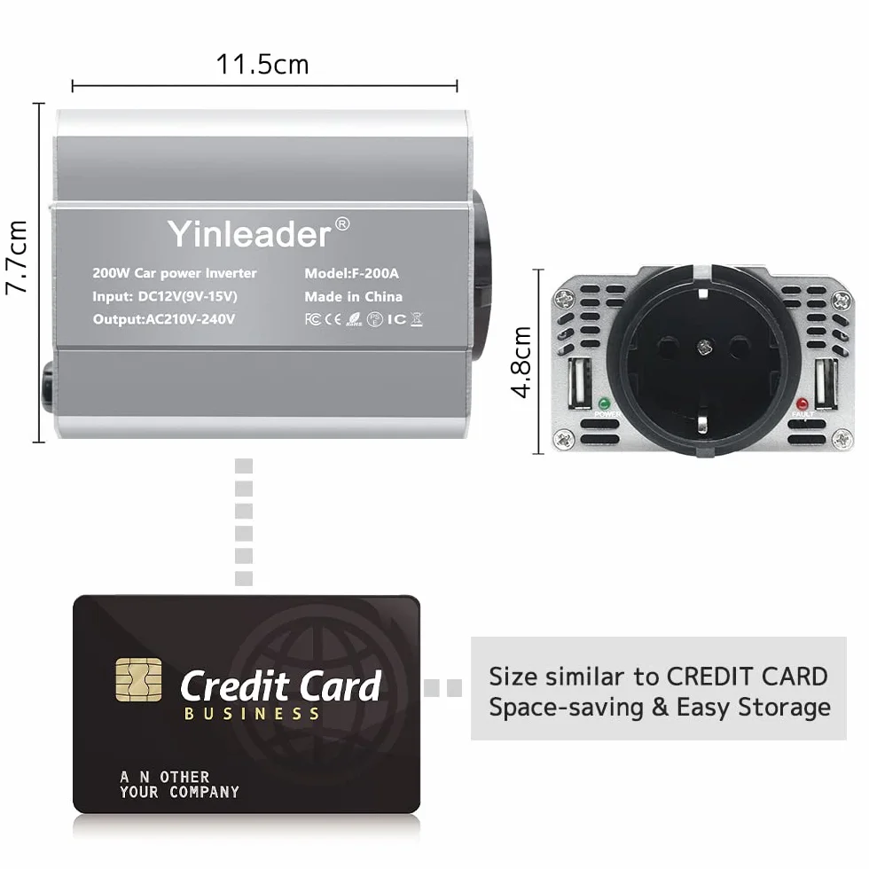 Yinleader Inverter da 200 W, 12 V a 230 V, 1 prese europee, 2 convertitori USB per auto, per caravan e campeggio