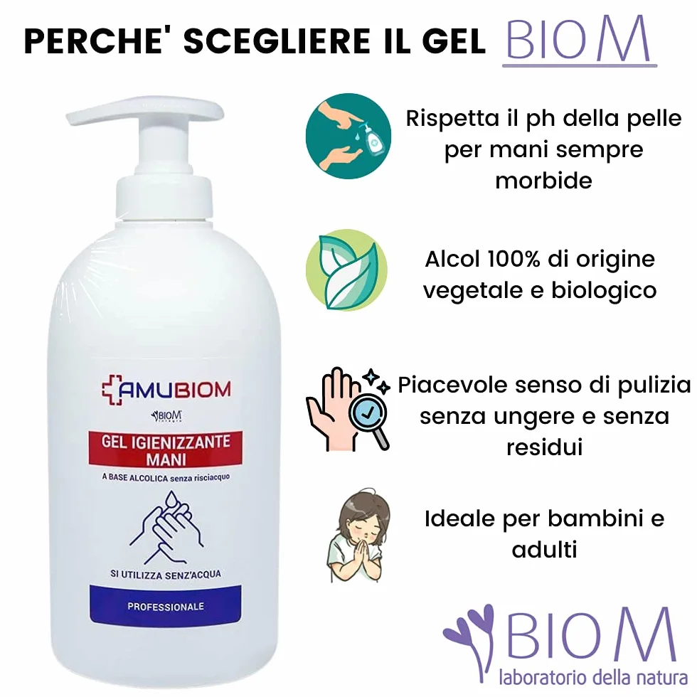 BioM Laboratorio della Natura - Gel Igienizzante Mani con 70% Alcool, Glicerina e Profumo di Limone - Antibatterico Senza Risciacquo, Idratante e Veloce Asciugatura - 2x500ml