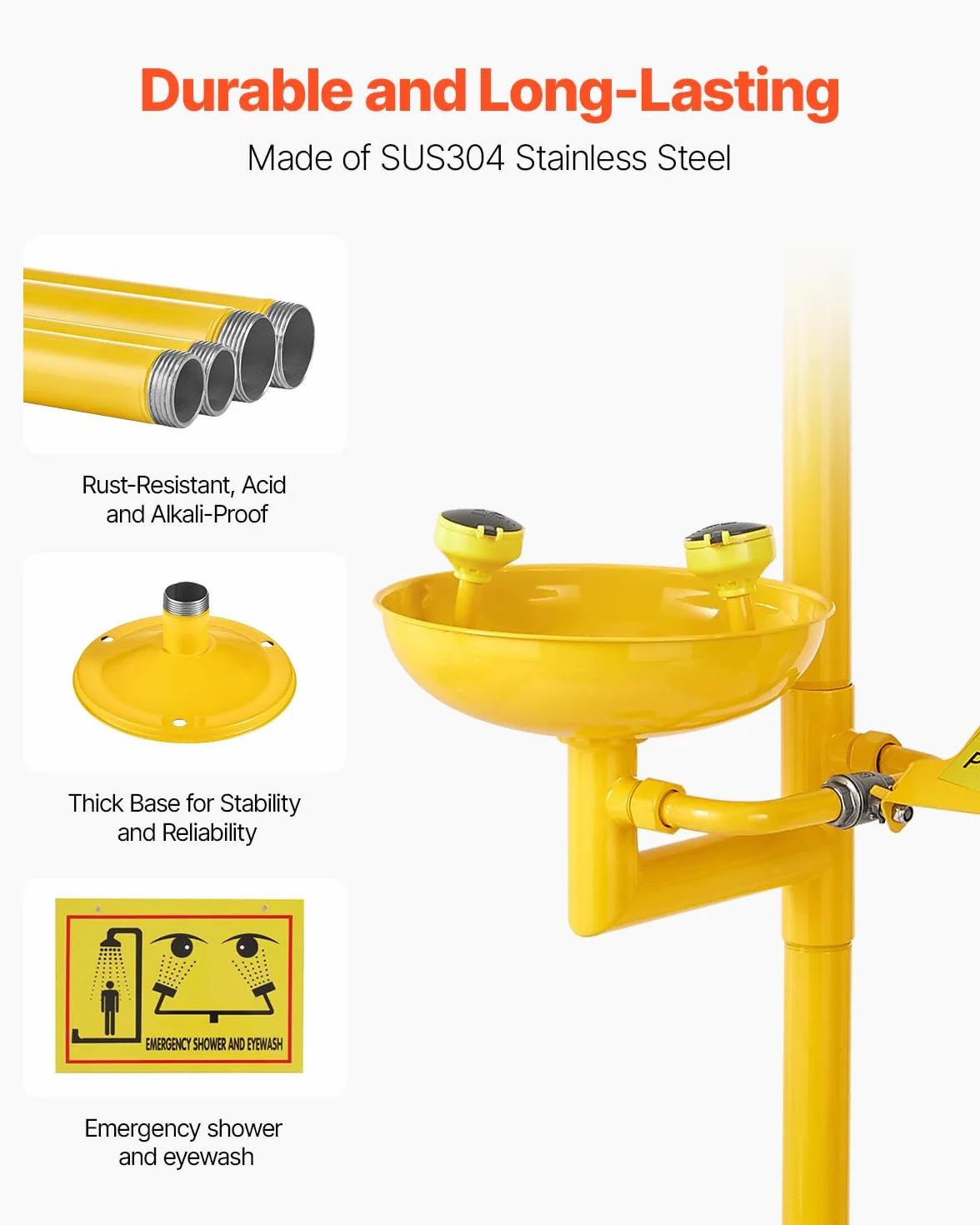 VEVOR Stazione Lavaggio Oculare Emergenza 870x400x2330 mm Lavaocchi Doccia Acciaio Inossidabile 304 Giallo