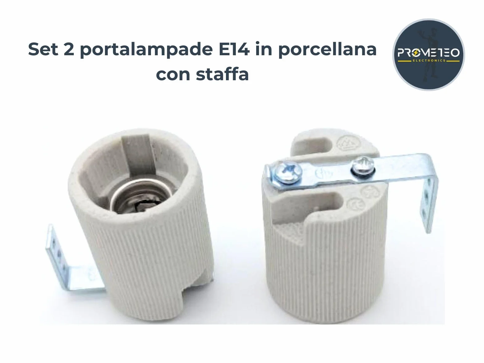 Set 2 portalampade E14 in ceramica porcellana con staffa metallica di fissaggio laterale