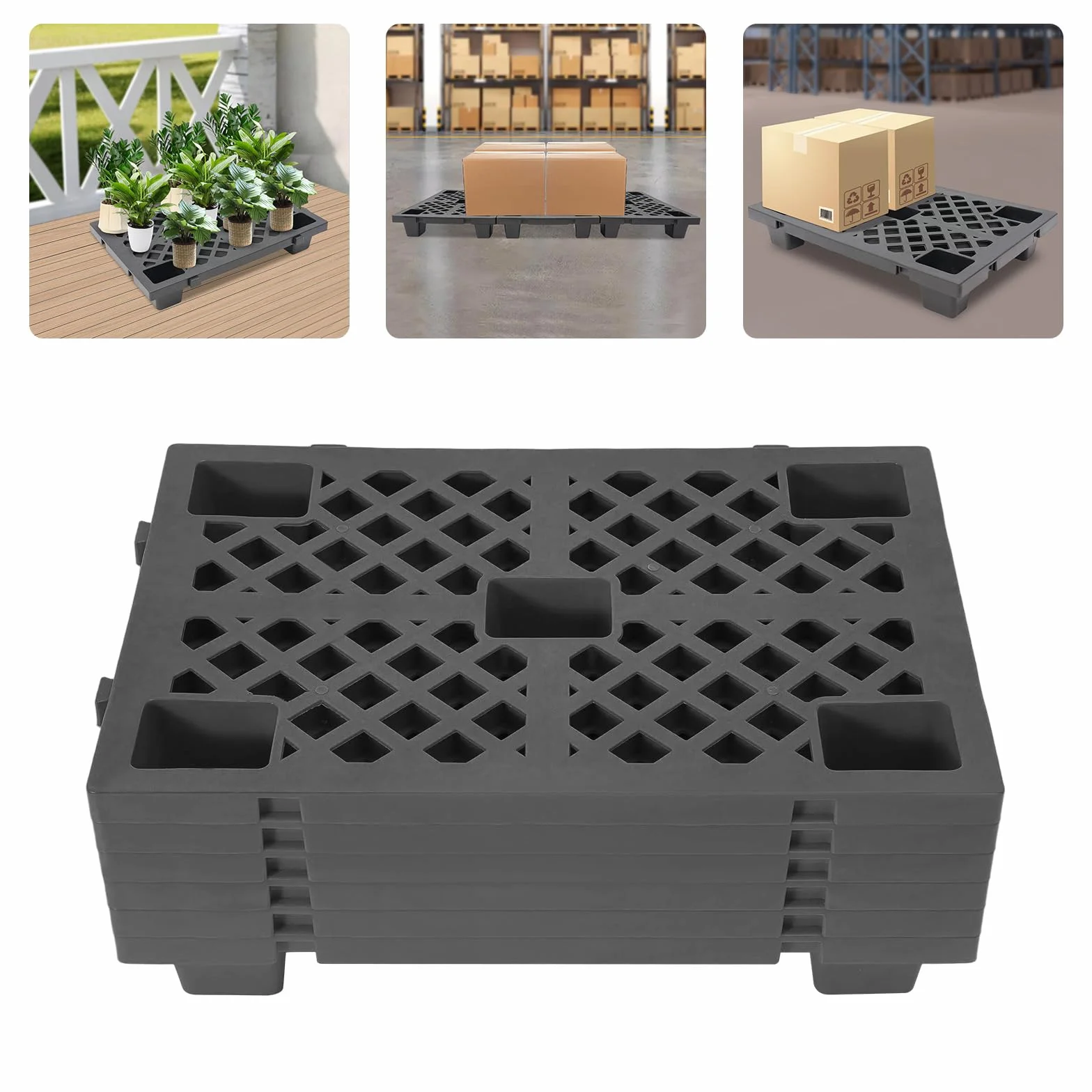 Set di 6 pallet in plastica, 60x40x10 cm Impilabili Pallet leggeri con fondo goffrato e chiusura a scatto per magazzino, logistica, esterno, cucina, ripostiglio, fino a 100 kg (Nero)