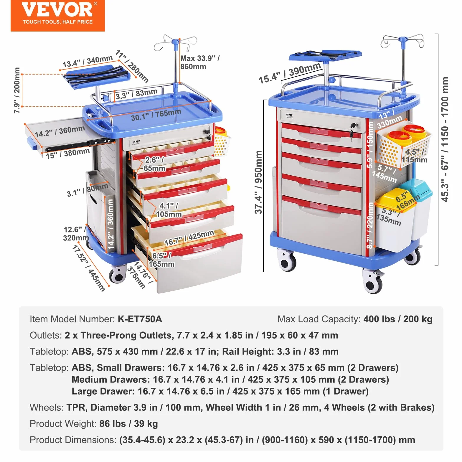 VEVOR Carrello da Laboratorio 5 Ripiani con Cassetti e Ruote Silenziose, PP, Blu