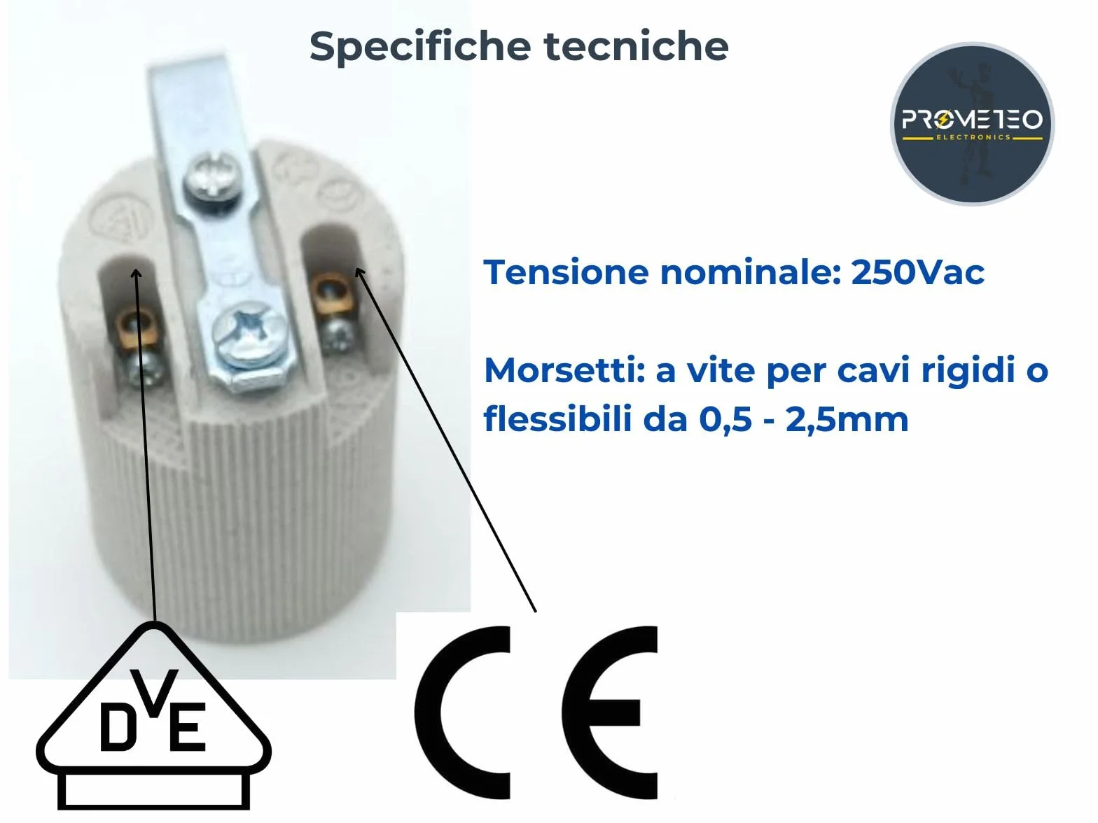 Set 2 portalampade E14 in ceramica porcellana con staffa metallica di fissaggio laterale