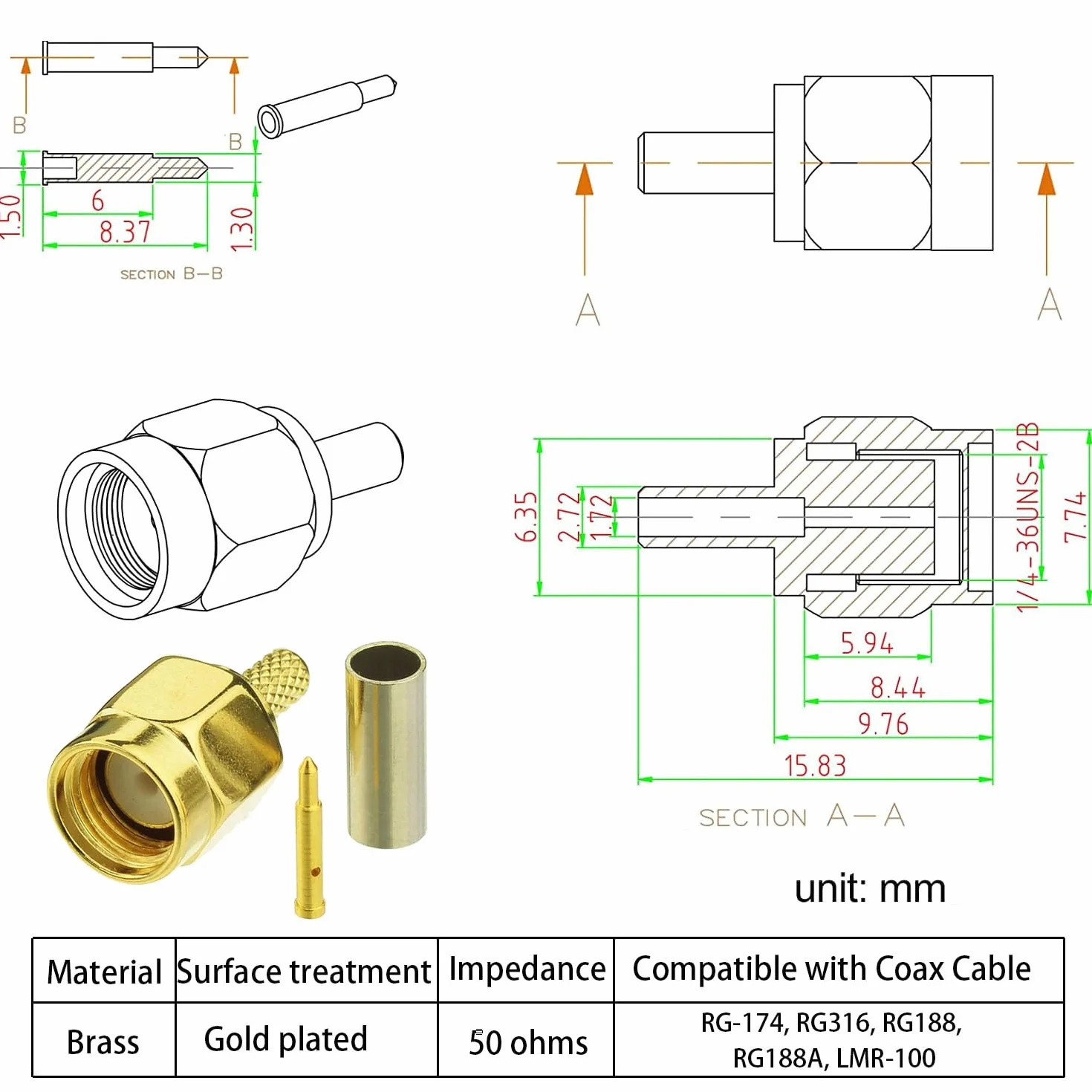 Pinza Crimpatrice SMA Kit - 10Pz Connettori Maschio, 10Pz Femmina e Crimpatrice Capicorda per RG174 RG316 Cavo Coassiale WIFI Antenna Prolunga