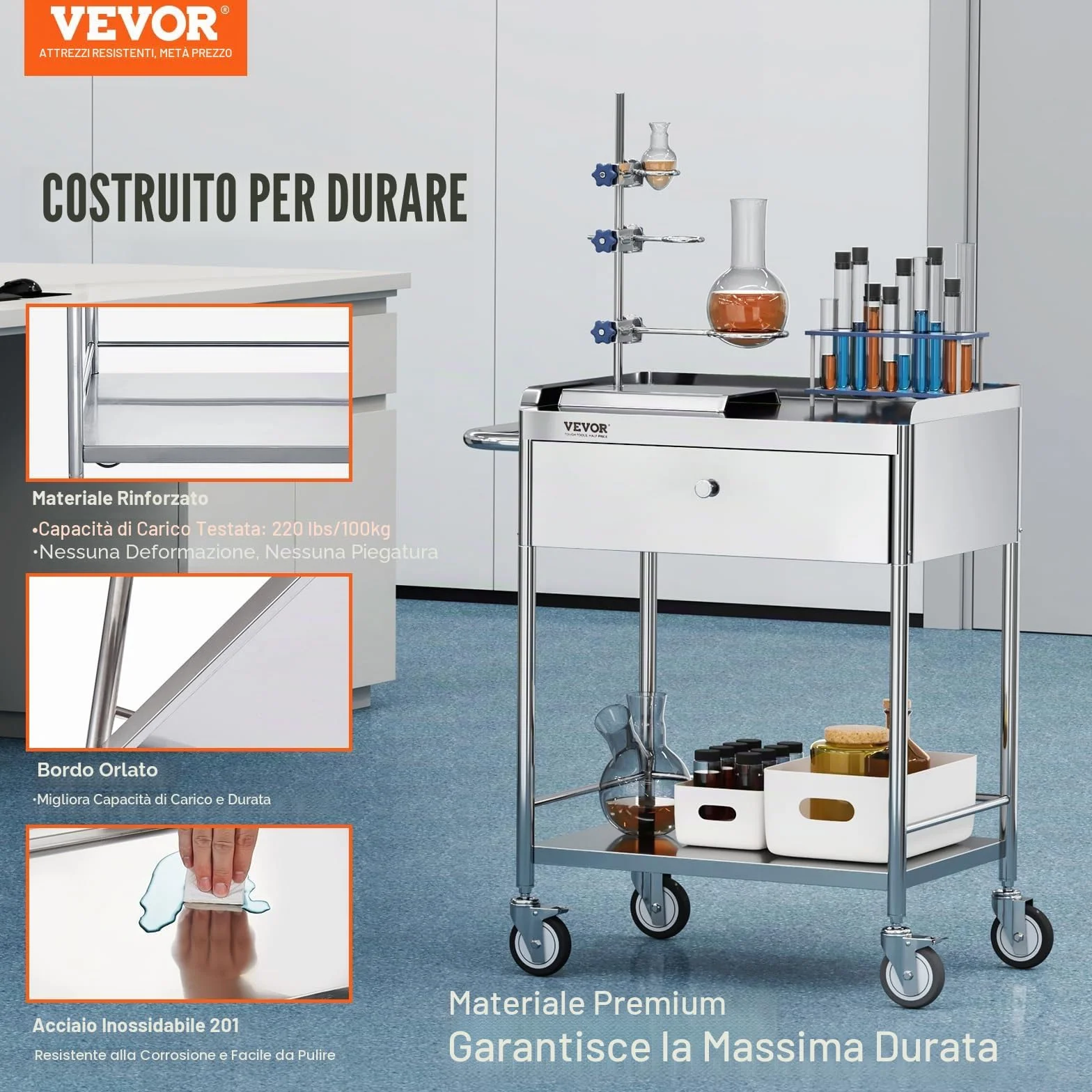 VEVOR Carrello da Laboratorio in Acciaio Inox 2 Ripiani 100kg 710 x 421 x 785 mm