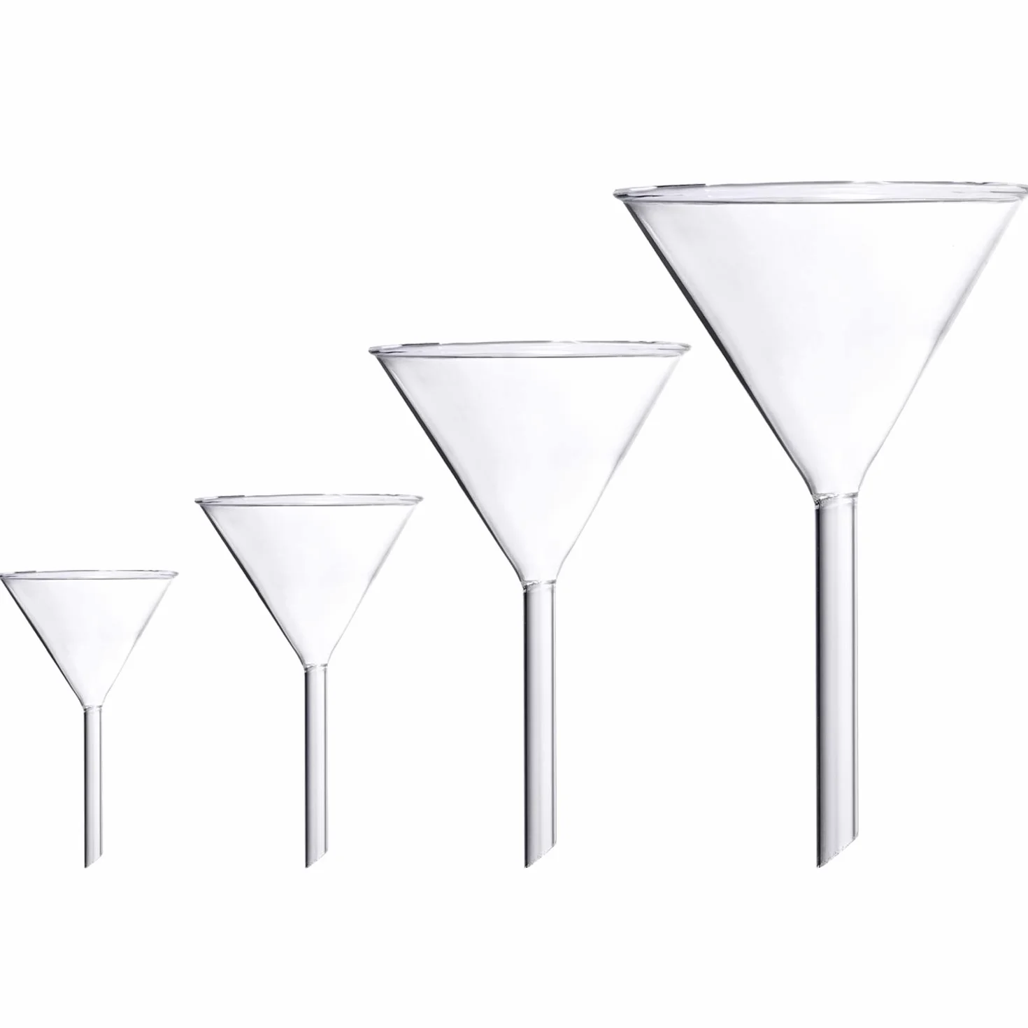 Confezione da 4 imbuti in vetro borosilicato da laboratorio, 100 mm (170 mm di lunghezza), 75 mm (130 mm), 50 mm (90 mm) e 40 mm (70 mm) di diametro