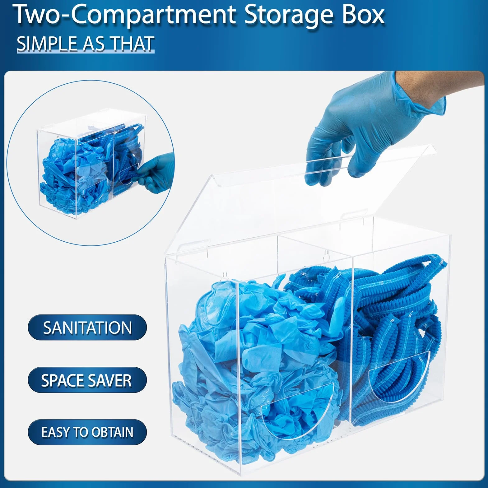 SEANADO Dispenser per guanti in acrilico trasparente con coperchio, 2 scomparti, per reti da barba, retine per capelli, sacchetti di plastica, copriscarpe, montaggio a parete o da tavolo