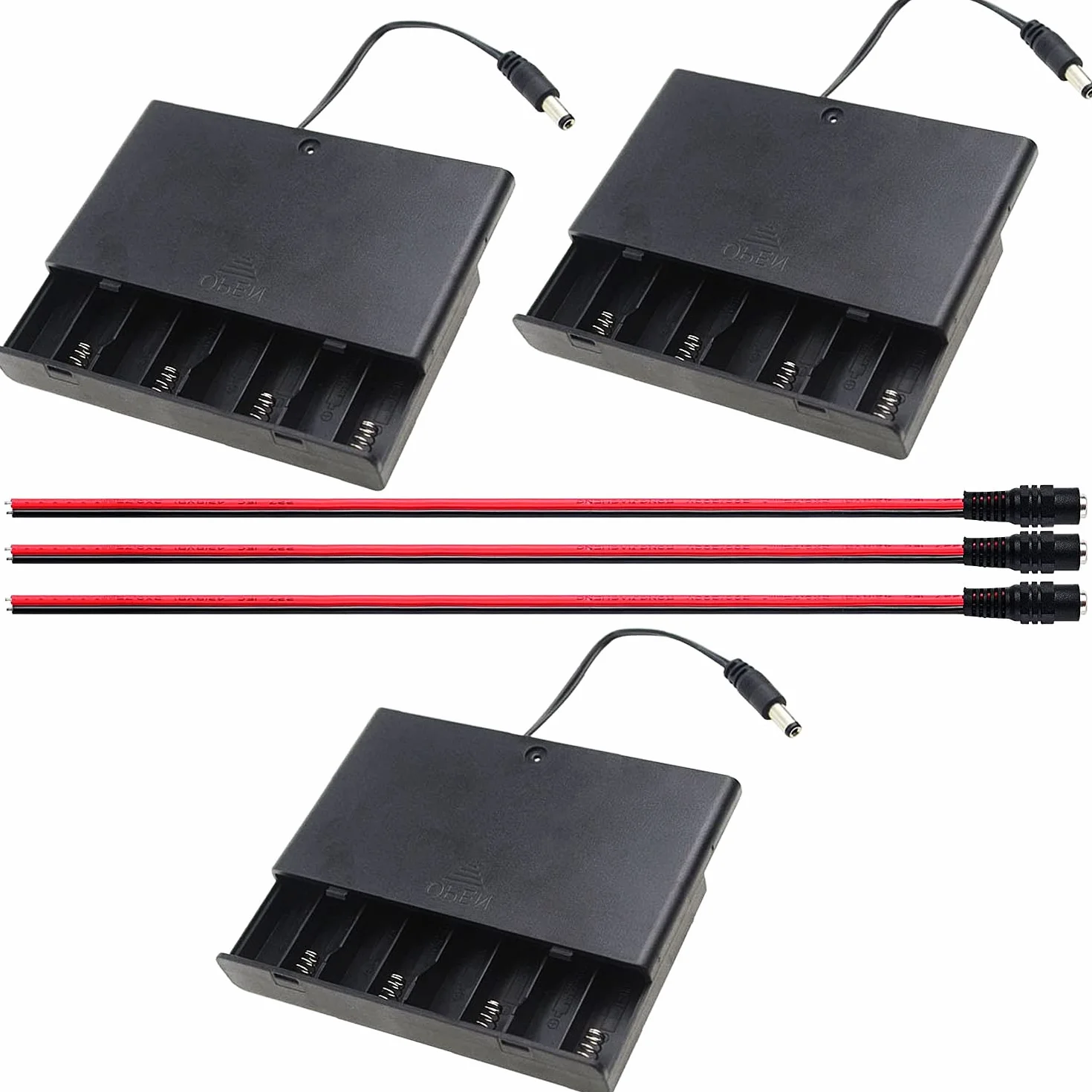 RUNCCI-YUN 3 pz portabatteria 12V 8xAA Scatola portabatterie in plastica con coperchio della custodia Interruttore ON/OFF con spina DC da 5,5 mm x 2,1 mm+3 Pezzi DC Power Pigtail Cable