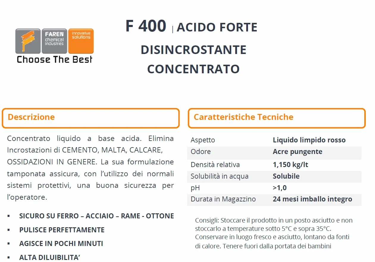 Faren F400 Disincrostante Concentrato Elimina Cemento Malta Calcare Ossidazioni 1lt