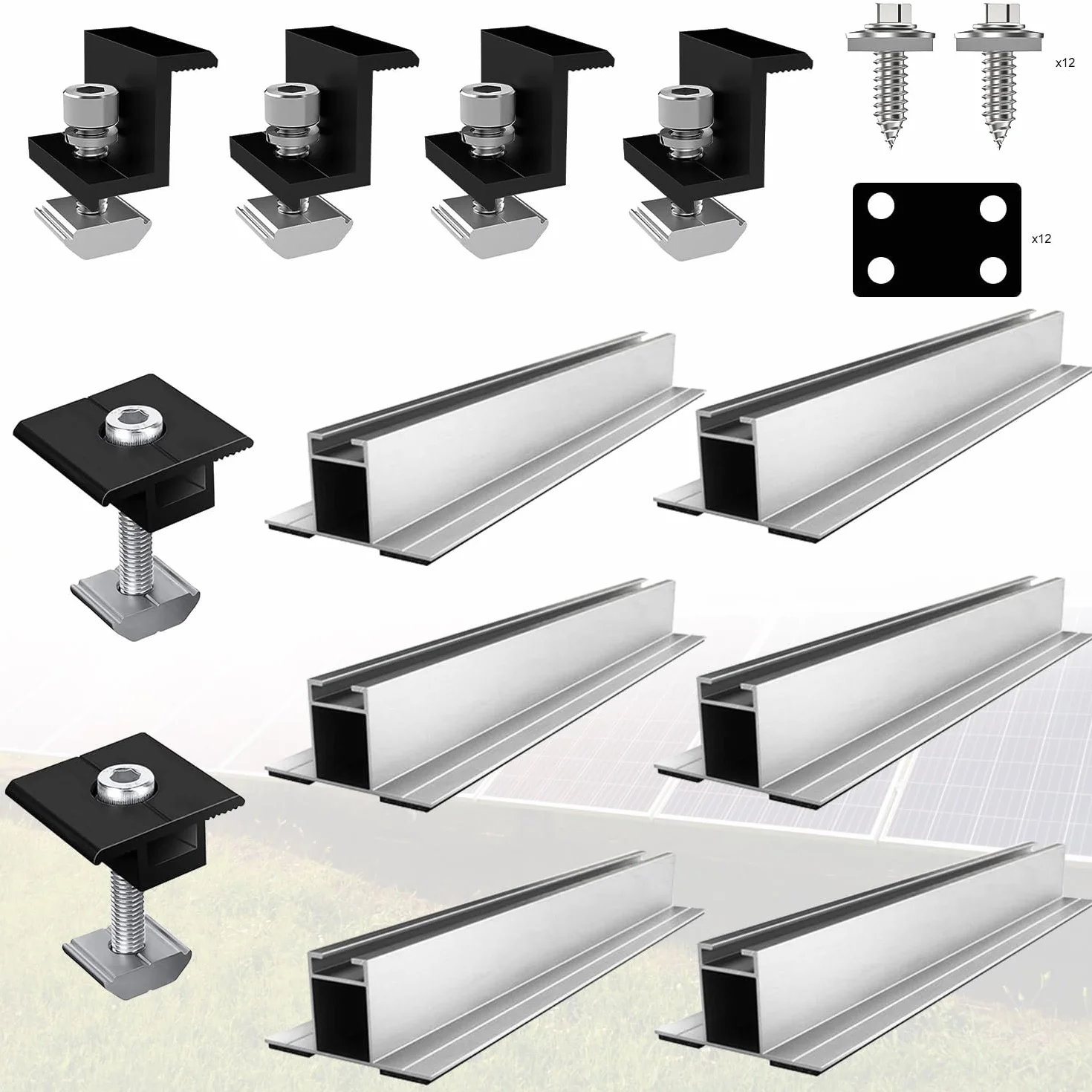 Kit Staffe Fotovoltaico 12 Pezzi Alluminio con Viti Autofilettanti e Rondelle