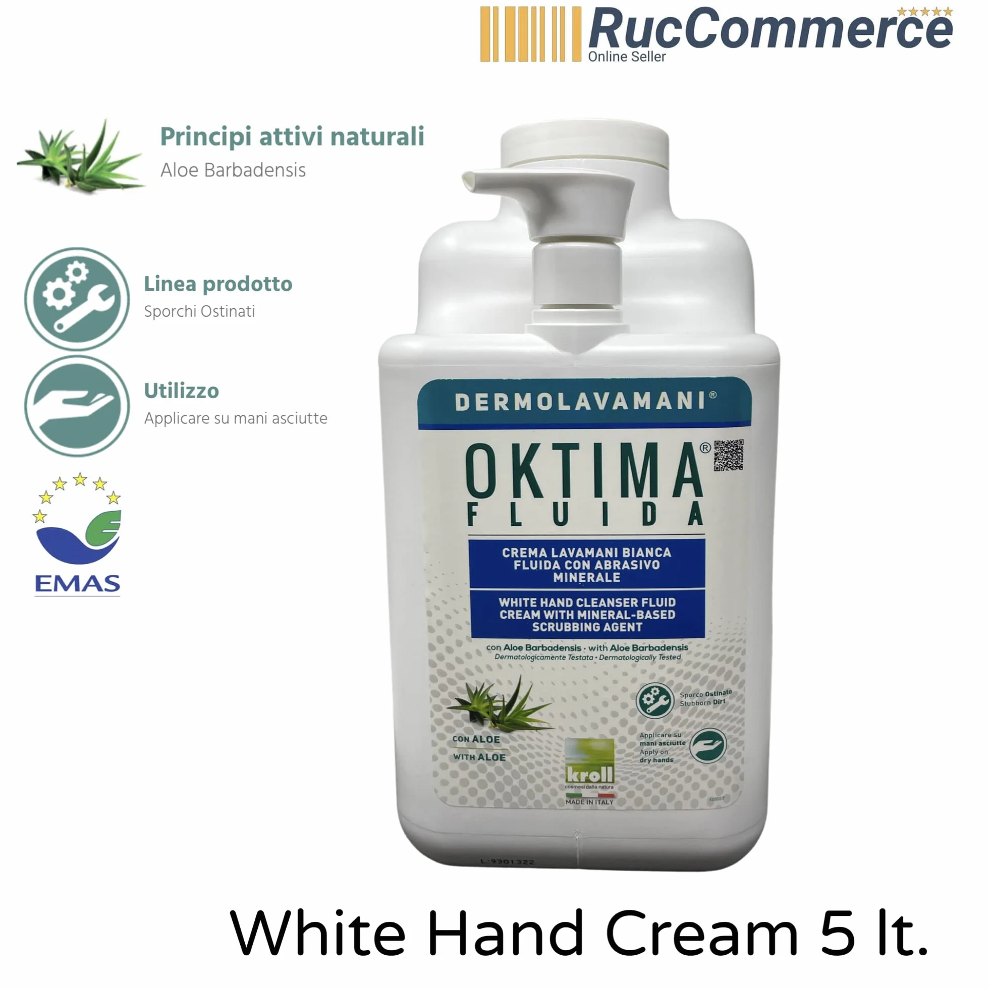 RucCosmetics "linea Dermolavamani®" OKTIMA® FLUIDA Crema Lavamani Bianca Fluida con Abrasivo Minerale, Aloe Barbadensis e dosatore, per sporchi ostinati (Tanica lt 5 c/dos)