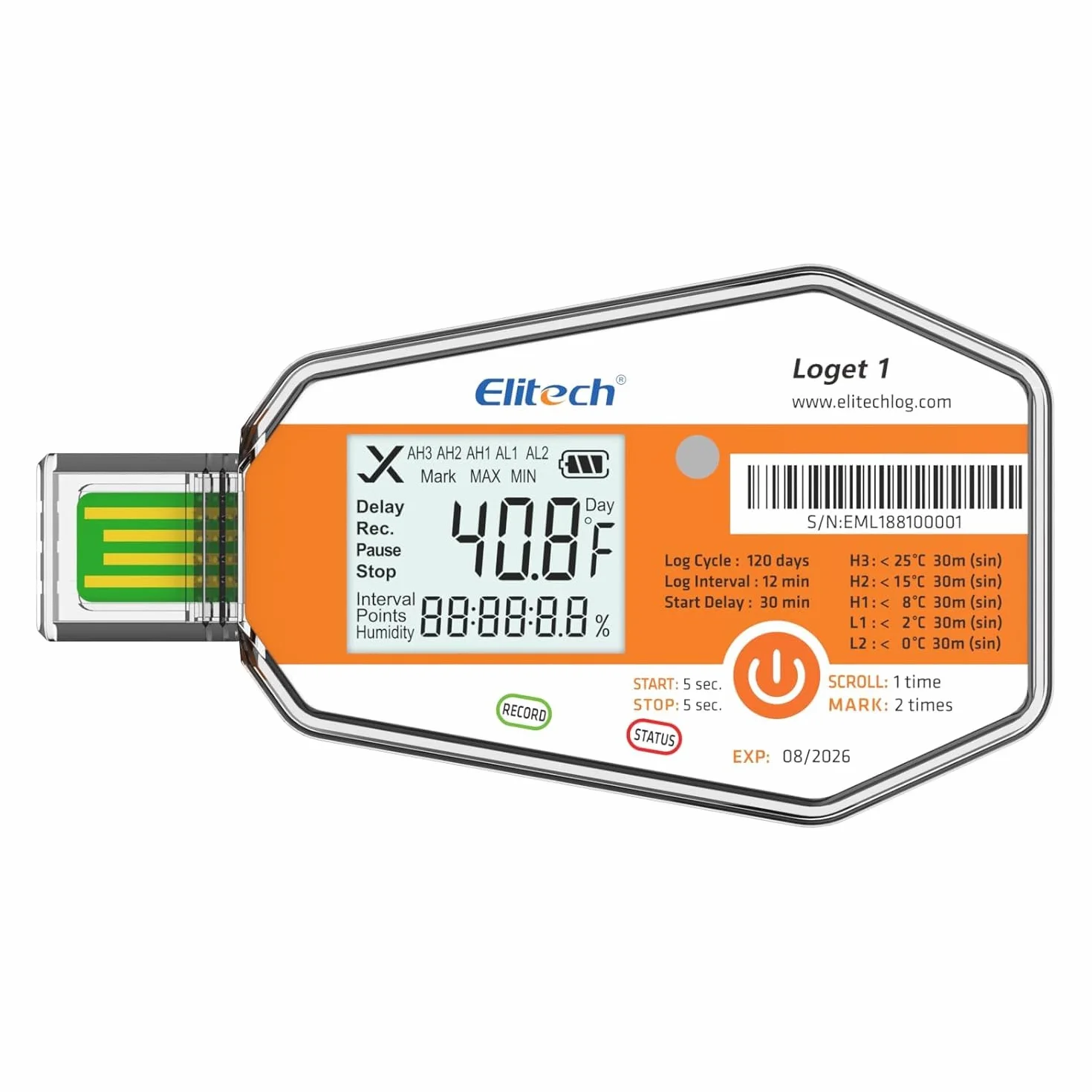 Elitech Registratore di Temperatura USB Monouso WHO PQS Calibrazione Report PDF 120 Giorni Trasporto e Display LCD Per Catena del Freddo LogEt1 – 1 Pezzo