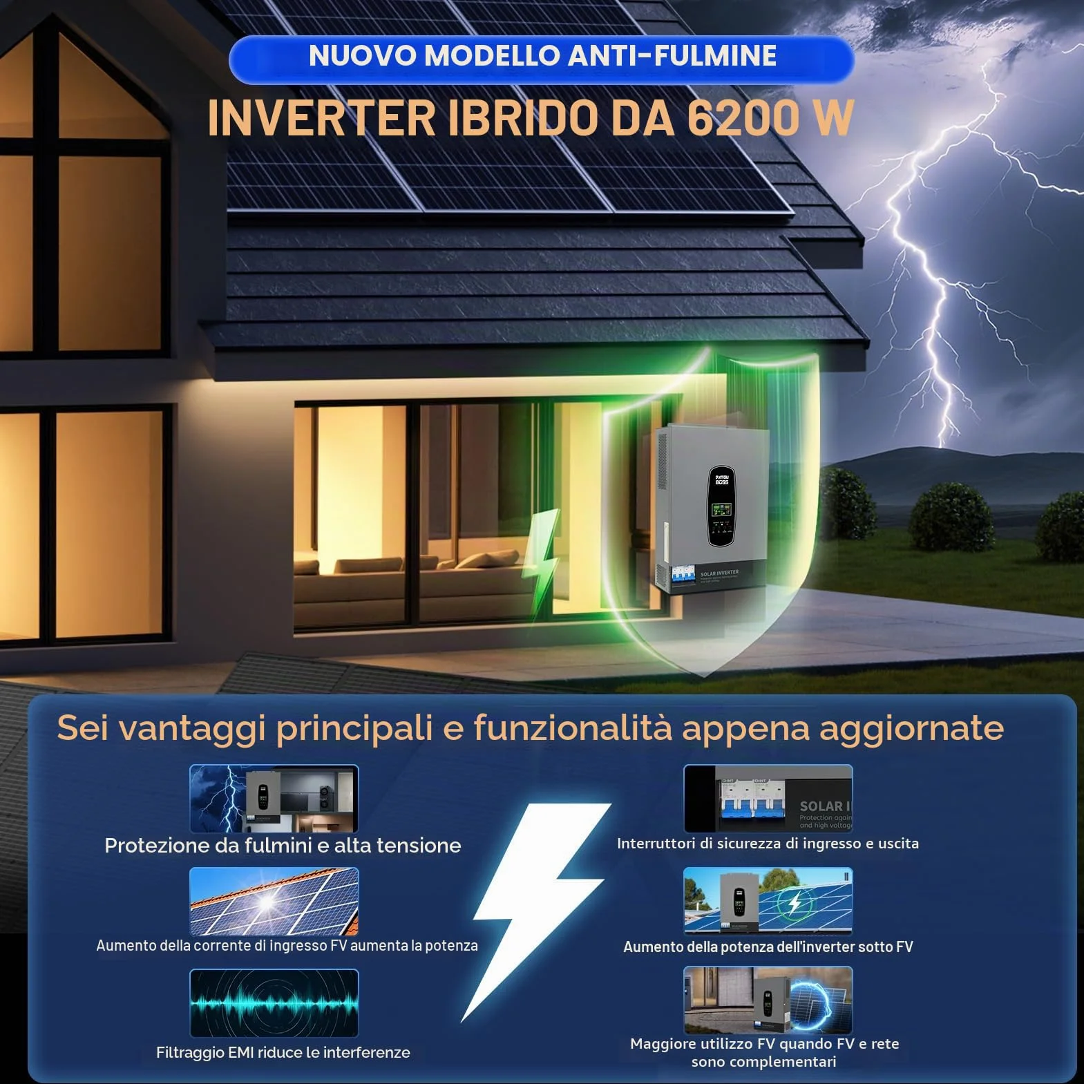 DATOUBOSS Inverter solare ibrido da 6200 W, 48 VDC a 230 V, inverter sinusoidale puro con 120 A, ingresso fotovoltaico da 8500 W, supporta il sistema di protezione BMS, per batterie al litio da 48 V.