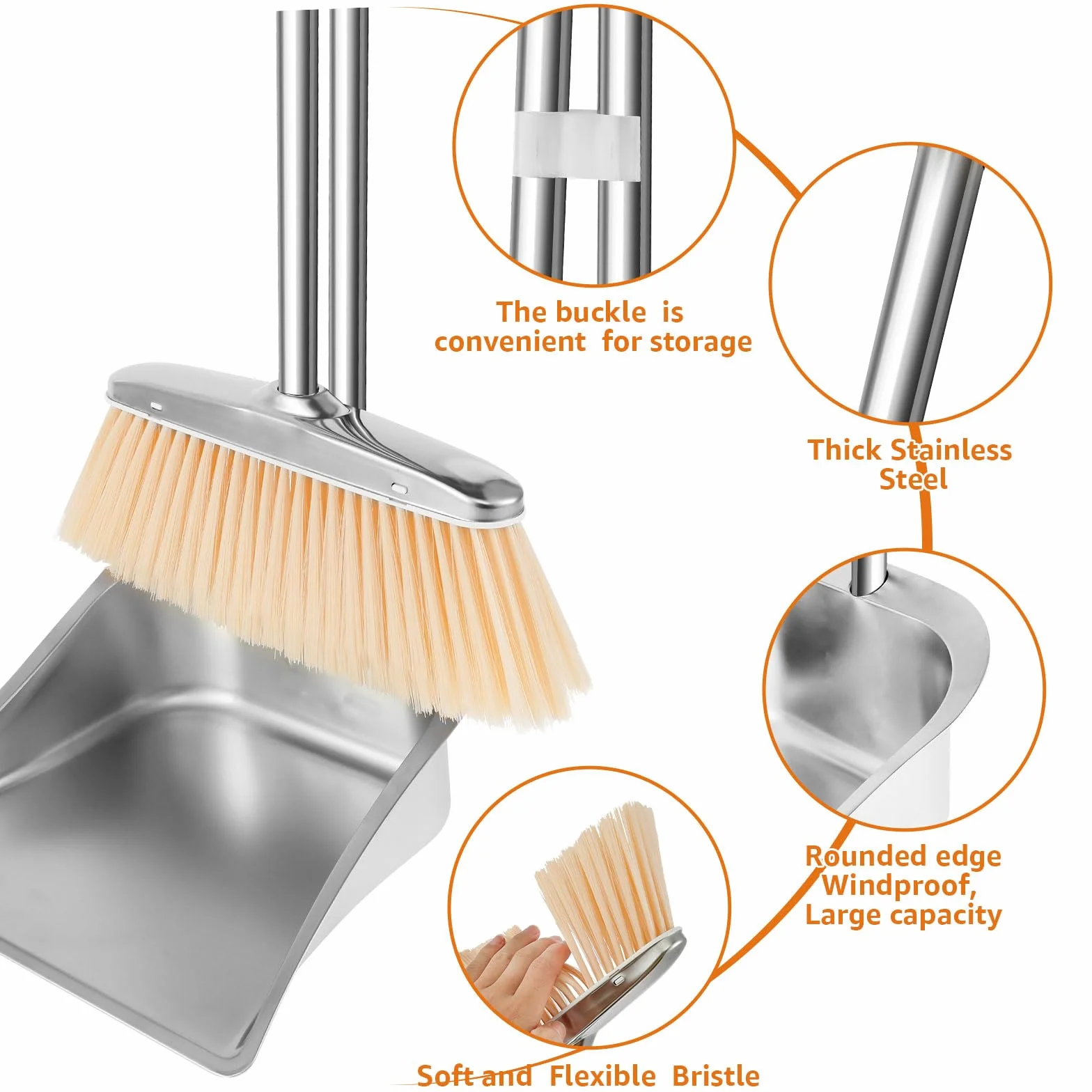 Set di scope e paletta in acciaio inox, paletta verticale e scopa per la pulizia a casa, ufficio, veranda e terrazza (quadrato) Lunghezza manico: 118 cm, prodotto esterno