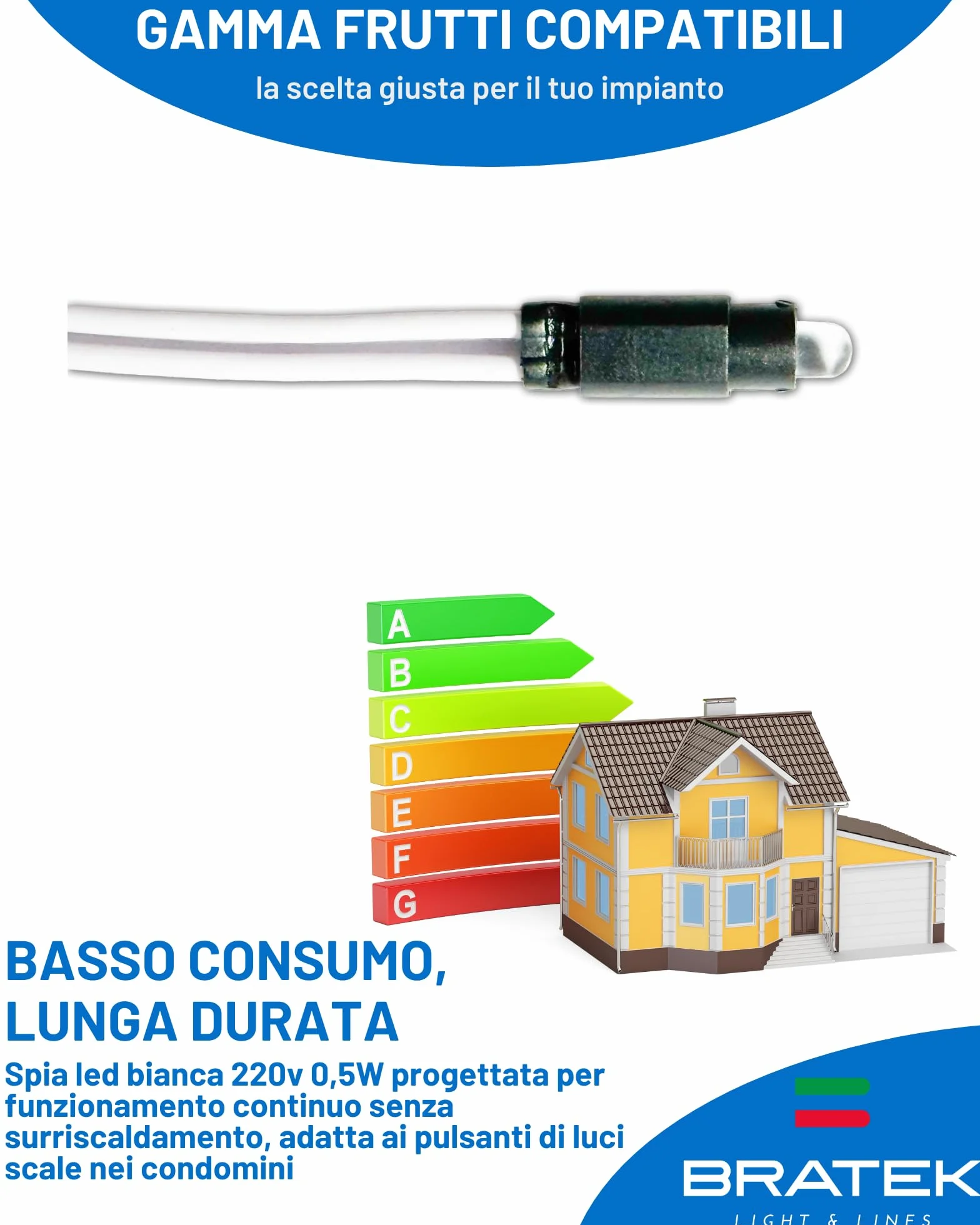Bratek Spia Led 220v per Interruttore e Pulsante Illuminabile - Spia Led Compatibile BTicino Living Now, Living Light, Matix, Matix Go - Lucina Universale Bianca 0,5W x Frutti Elettici Illuminabili