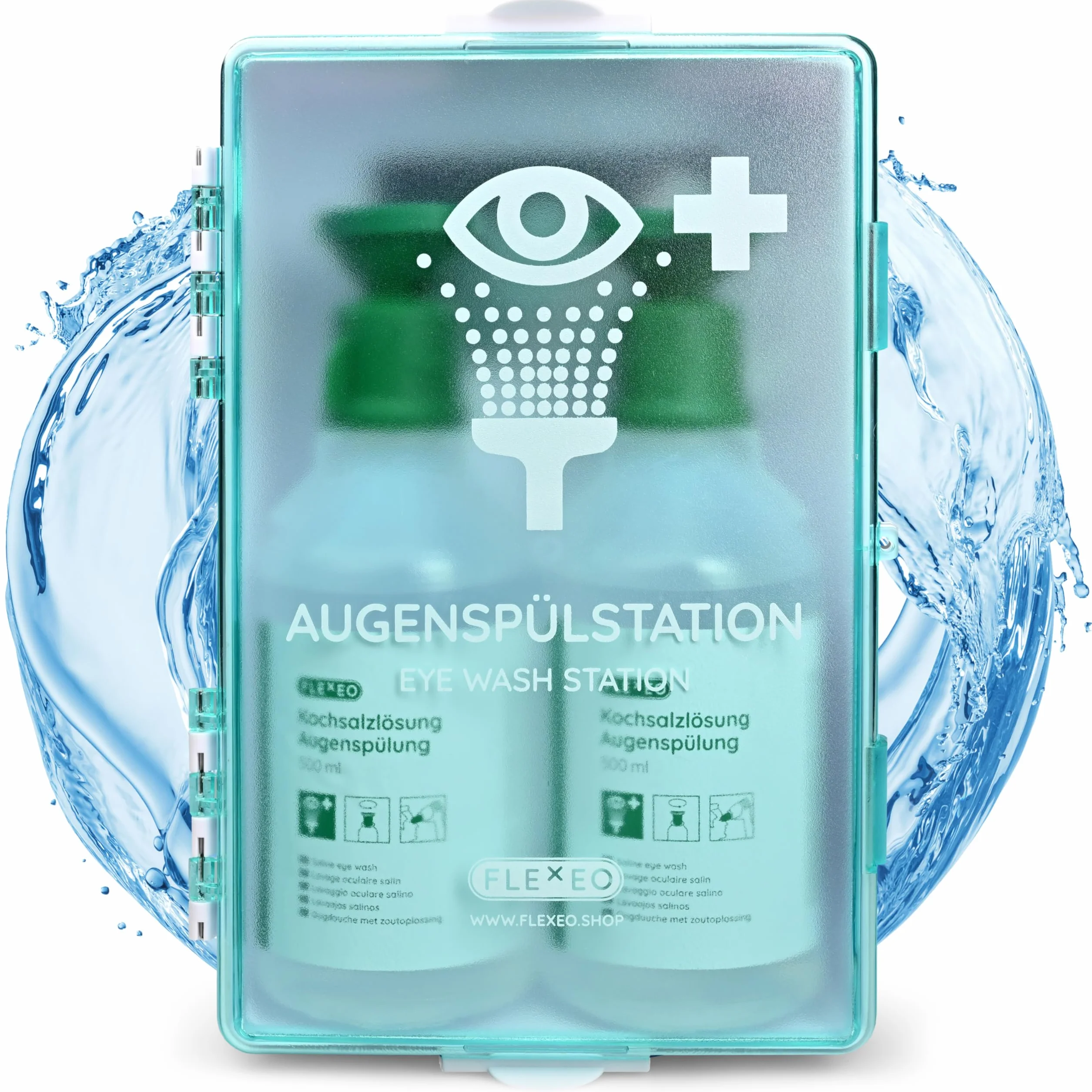 FLEXEO Stazione di lavaggio degli occhi 2 × 500 ml soluzione salina supporto parete Eyewash Station NaCl 0,9%