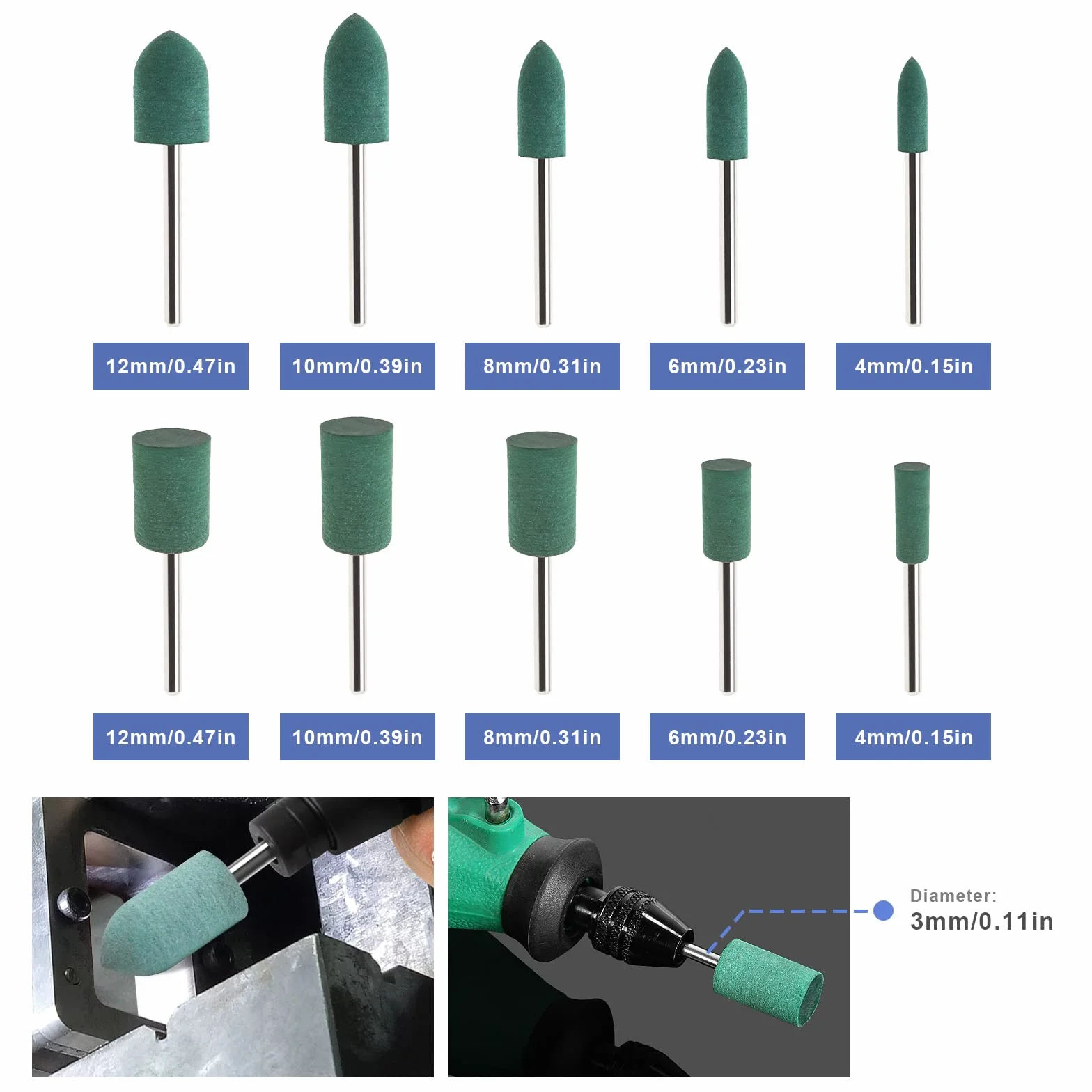 Create idea 30pcs Gomma Lucidatura Bit Cono Cilindro Forma Lucidatura Burrs Gioielli Ruota 3mm Mandrino 4mm 6mm 8mm 10mm 12mm Testa per Strumento Rotativo Trapano Elettrico Smerigliatrice