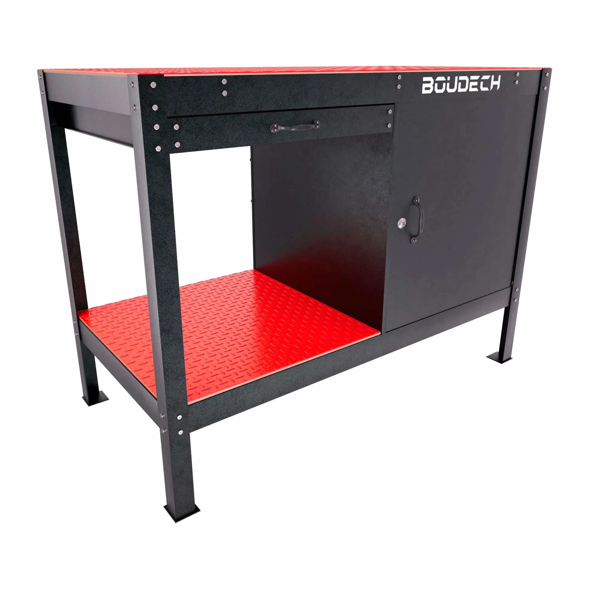 BOUDECH® MANNY - Banco da Lavoro 120x60 cm con Cassetto Porta Utensili 1 Anta e 1 Ripiano Aperto in Metallo Nero