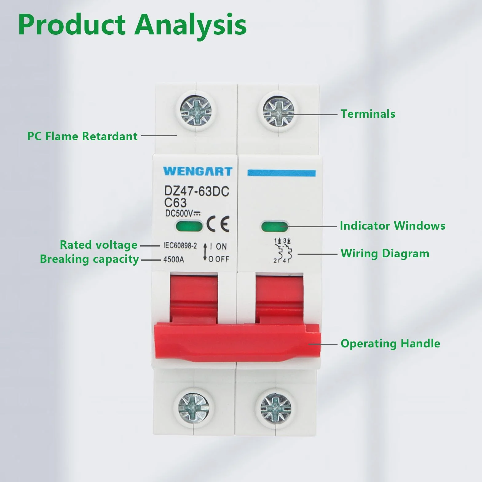 Interruttore DC Wengart DZ47-63Z, interruttore di sezionamento DC, 500V 63A 2 poli, montaggio su guida DIN, per batterie e sistemi fotovoltaici solari e altri sistemi DC